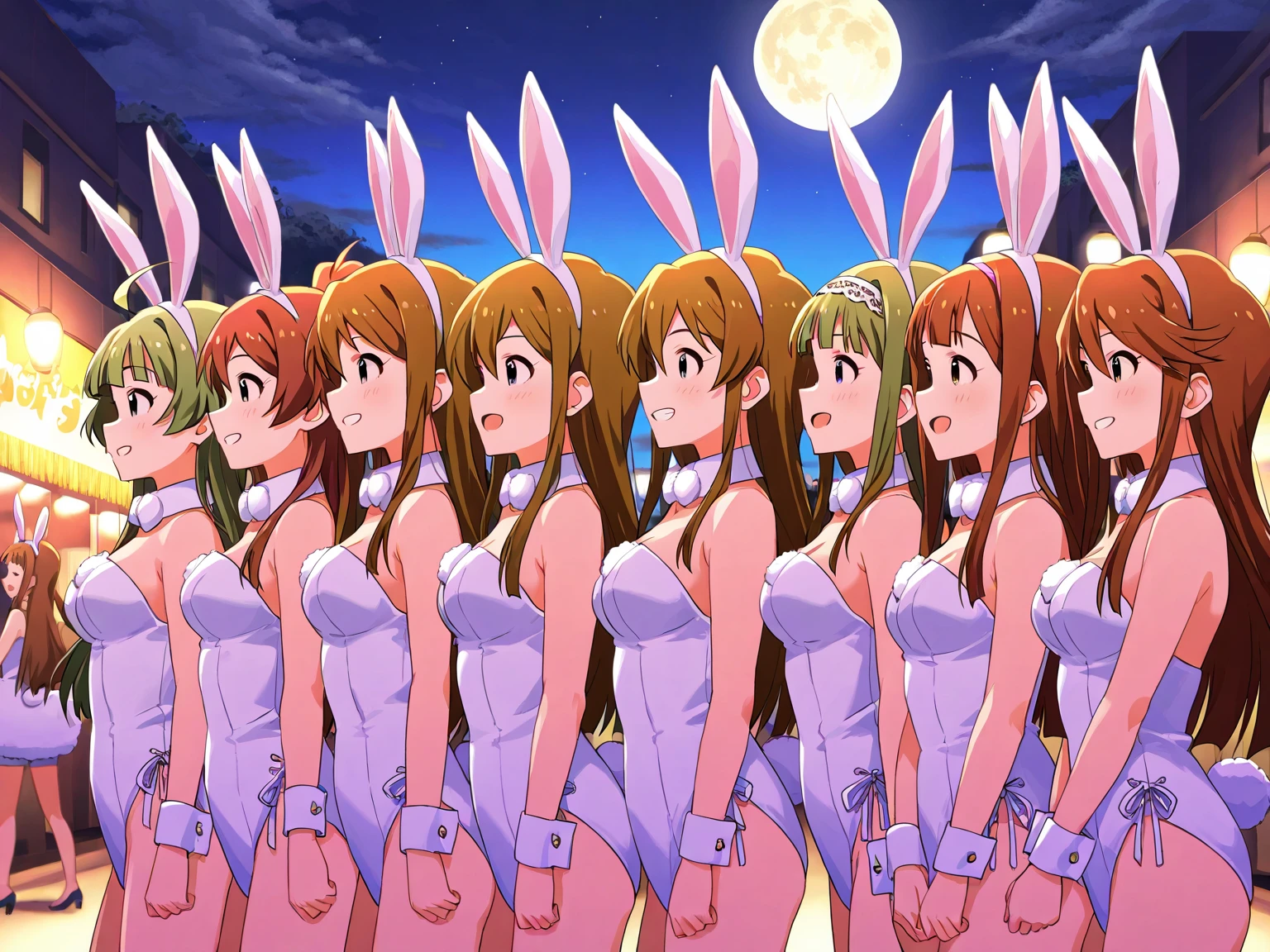 highest quality, masterpiece,  blonde, Long Hair,  ears, Detachable collar bow tie,   Leotard, White Stockings, Rabbit's Tail, earphone, Earrings, Hair Ribbon, Wrist cuffs, Looking at the audience, Tilt your head, Contrasting, Cowboy Shot,(),(Top-down Bottom-up:1.3),(From below:1.3),(:1.3),, Slutty Makeup,Detailed Hair、Flat lighting、 pose、highest quality、Intricate and detailed、Surreal、Very detailed, Detailed Background, girl,  Sweat,