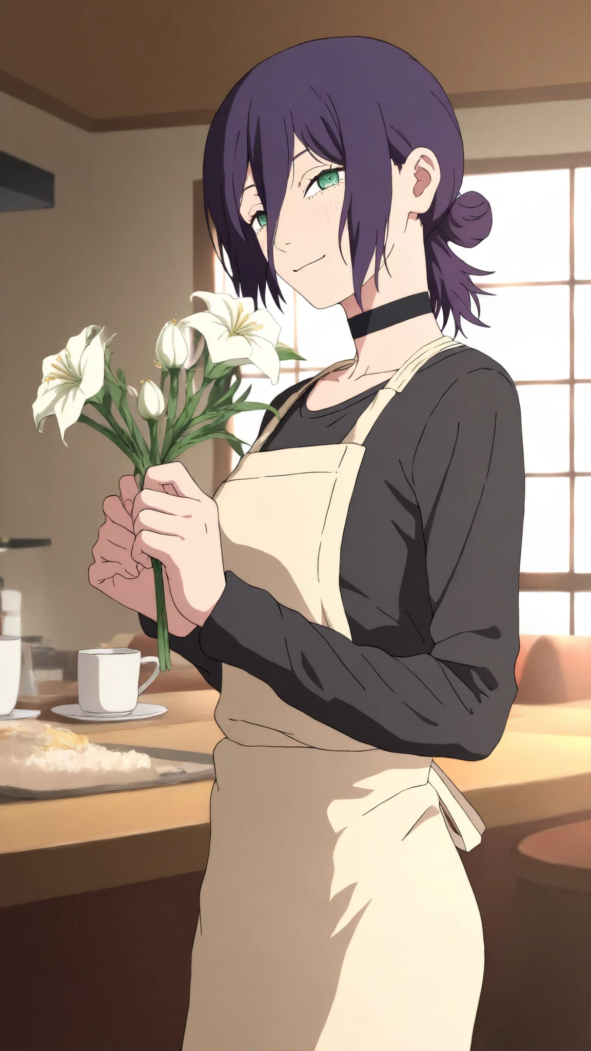 (masterpiece,Highest Quality,great quality:1.2),very aesthetic,absurd,high resolution,Newest,ray tracing,careful,8k,original,HDR color,raw, solo, cut \(chainsaw man\), cut, green eyes, hair between eyes, hair bun, choker, cafe apron, Brown Apron, black sweater, cafe, I have flowers, white flowers, anime style, watch viewers, Smile,