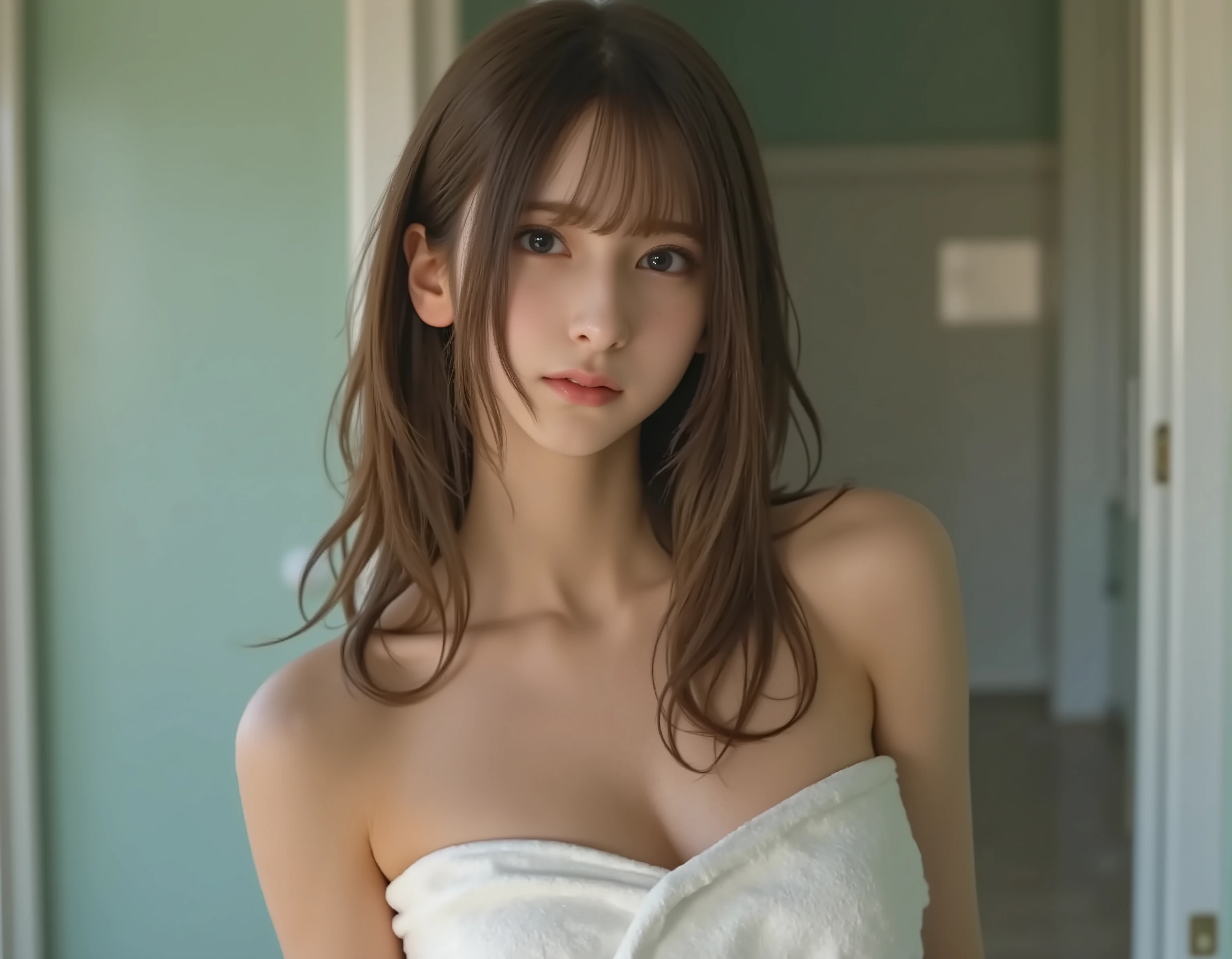 (((16K image))) 0-year-old brown-haired girl, long brunette hair, BIG BREASTS, she's in the bathroom, covering her chest with a towel, big boobs, wet hair, candid photo, Surrealistic, just finished a shower, Wet, wet, shower, Wet, towel wrapped around her body, Cover Her Breasts (((I can't see my nipples)))