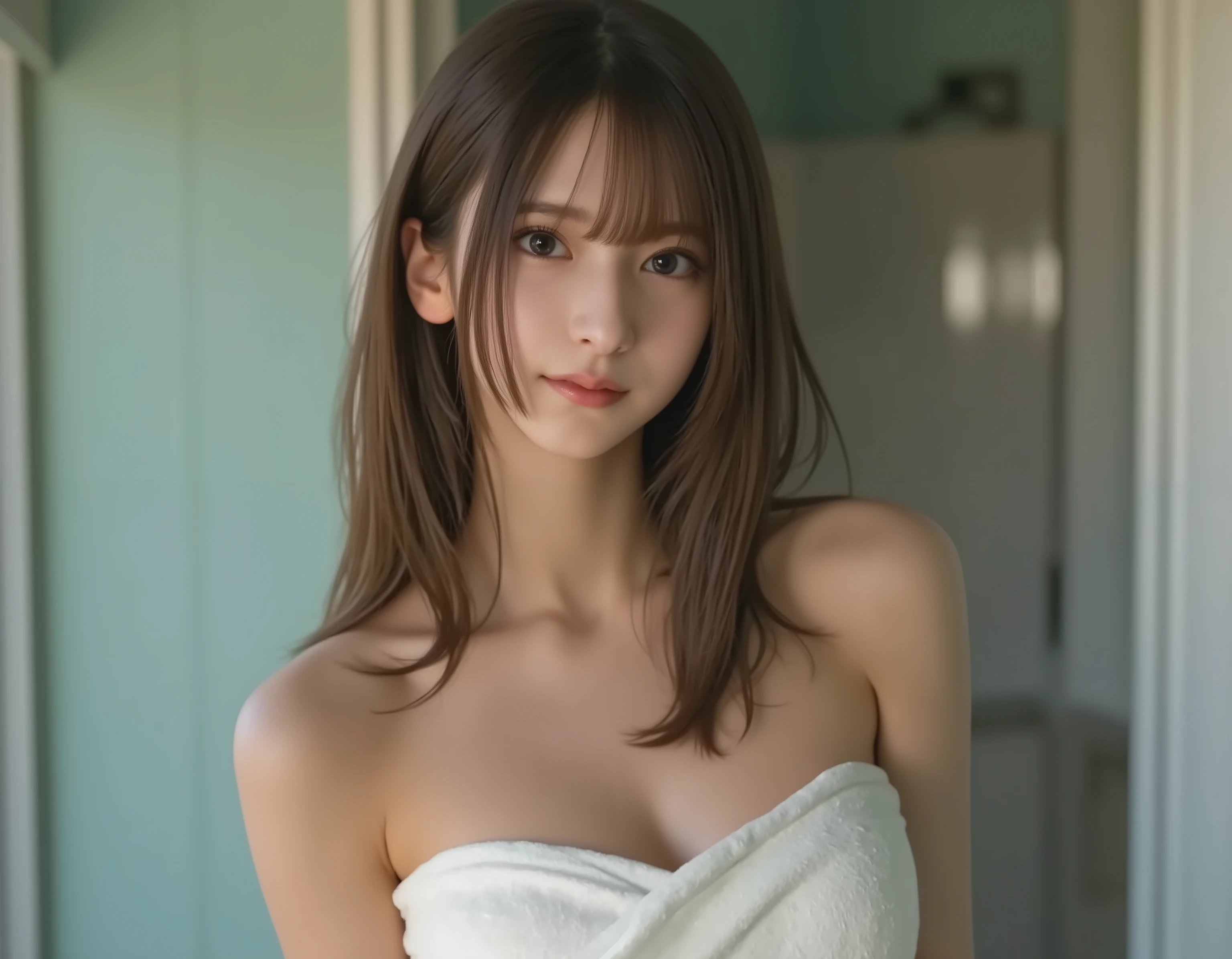 (((16K image))) 0-year-old brown-haired girl, long brunette hair, BIG BREASTS, she's in the bathroom, covering her chest with a towel, big boobs, wet hair, candid photo, Surrealistic, just finished a shower, Wet, wet, shower, Wet, towel wrapped around her body, Cover Her Breasts (((I can't see my nipples)))