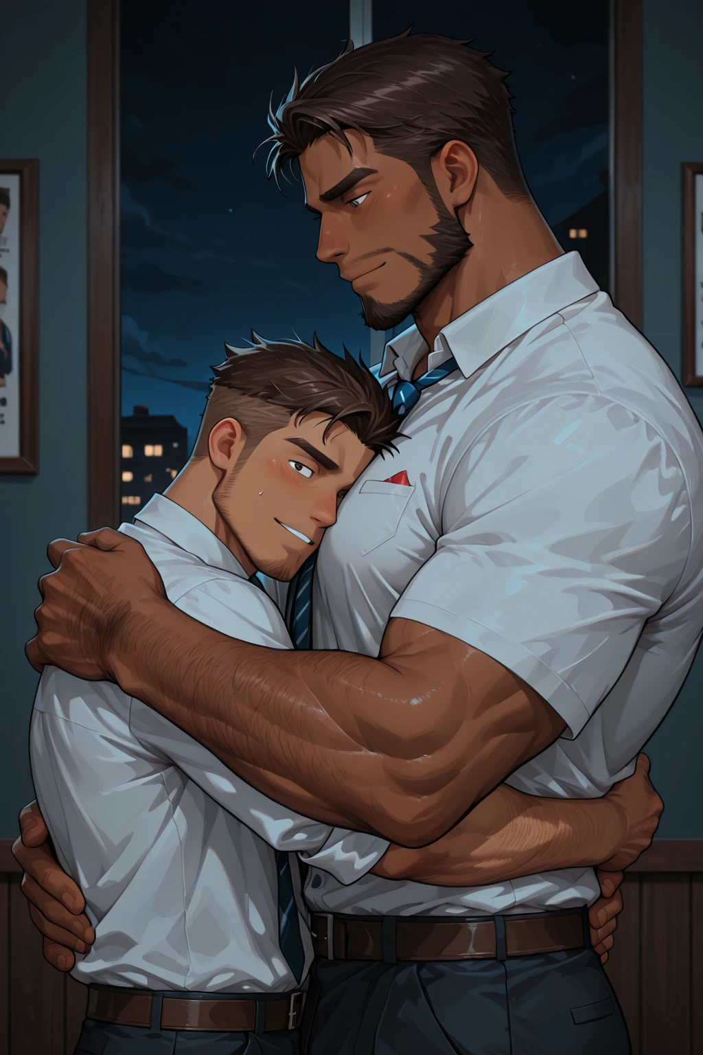 A handsome muscular   man , is cuddling and kissing ,a handsome muscular brown haired bearded man wearing a black suit with a white shirt and red necktie, bedroom background 