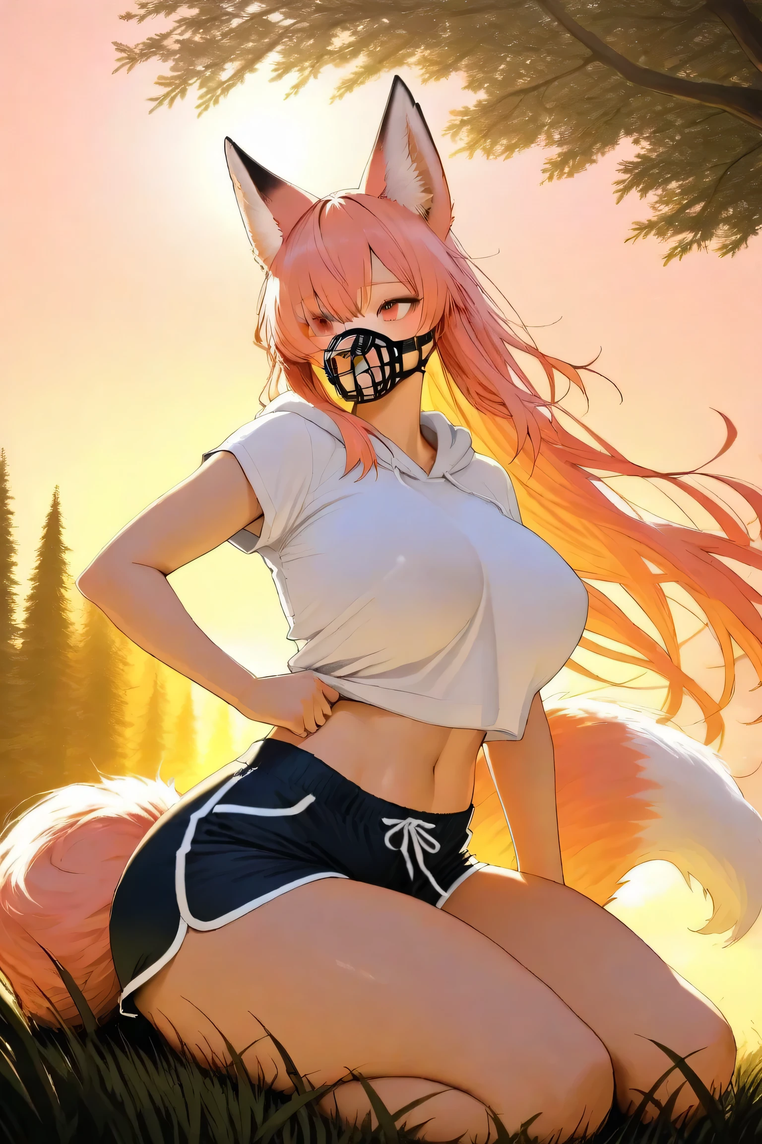 (masterpiece), Beautiful, highly detailed, 8K UHD, intricate details, Read more, correct anatomy, bright lighting, HD, , an ultra-realistic, surround lighting, extremely detailed, smooth, digital art, Digital painting, featured on pixiv , illustration, (fluffy:1.2), (fluffy:1.1), (antro:1.2), (muzzle:1.2), very long hair, (gynomorph:1.4), fox ears, bicolor fur, (One:1.2), body fur, fox tail, white cropped top, black shorts, smile, sky, tree, grass