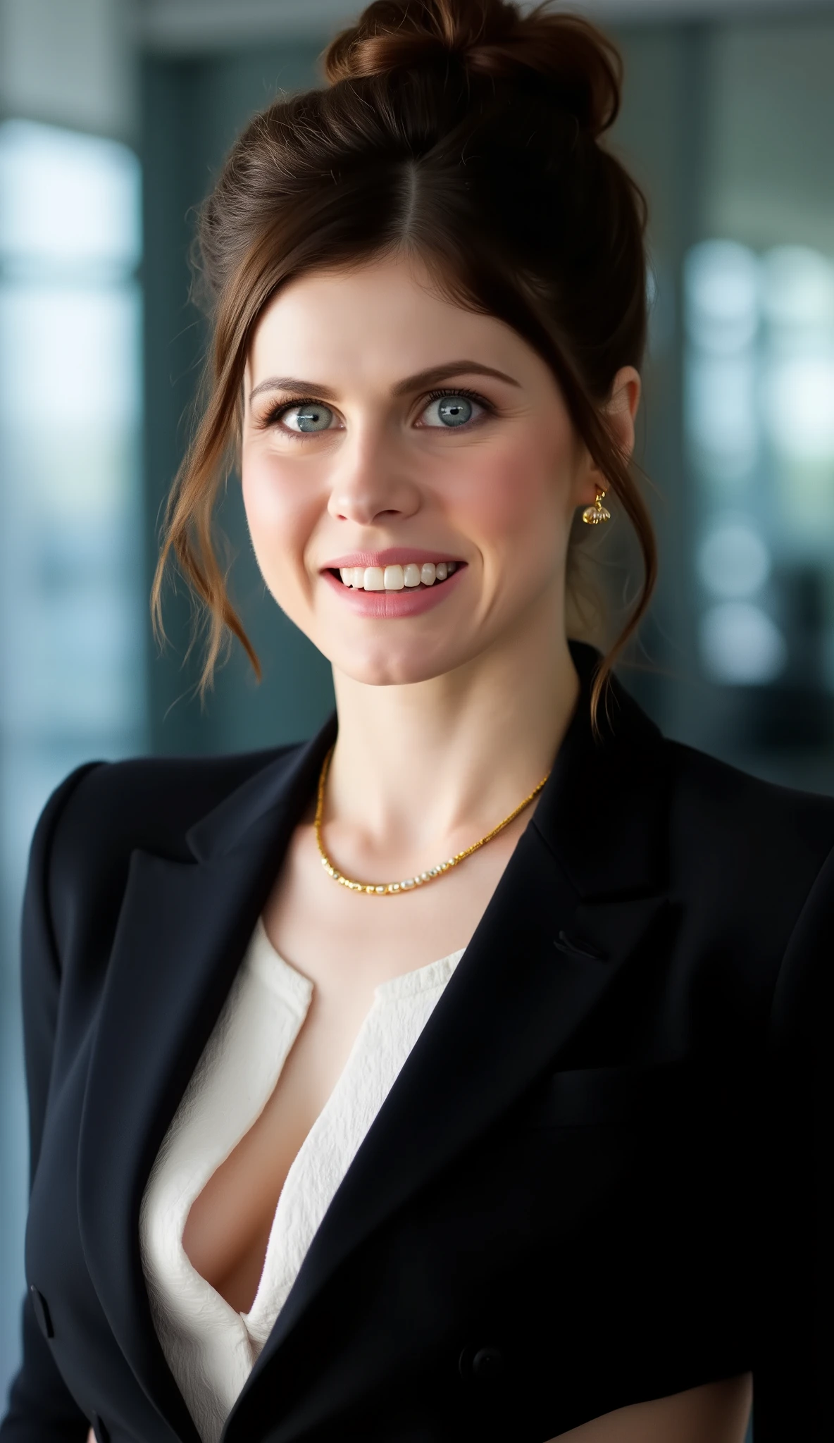 Alexandra Daddario elegant in modern office, wearing black blazer over white blouse, delicate gold necklace with pearl pendant and earrings. Brown hair tied in loose bun, confident expression and light smile. Blue eyes highlighted by soft natural lighting coming from the windows in the background. Realistic 8K photograph, navy blue gradient background, foco de meio corpo, fundo desfocado.