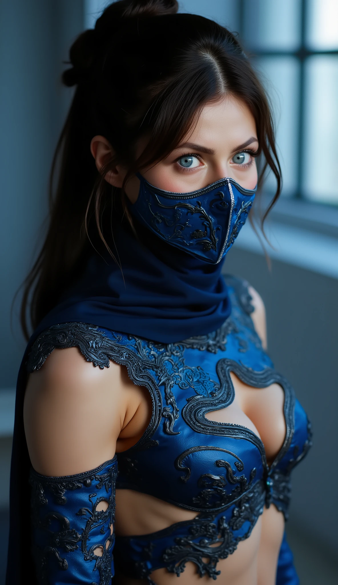 Hyperrealistic portrait of Kitana from Mortal Kombat, classic costume inspired by the original, in royal blue and black colors. Dark blue metal mask, altamente detalhada, with silver ornaments and fine lines worked on the design, covering the lower face. Intense and elegant look, subtle eye makeup, loose hair partially tied in warrior style. visible shoulders and chest with light fabric armor and refined leather Blue eyes highlighted by the soft natural lighting coming from the windows in the background. Realistic 8K photograph, navy blue gradient background, foco de meio corpo, fundo desfocado