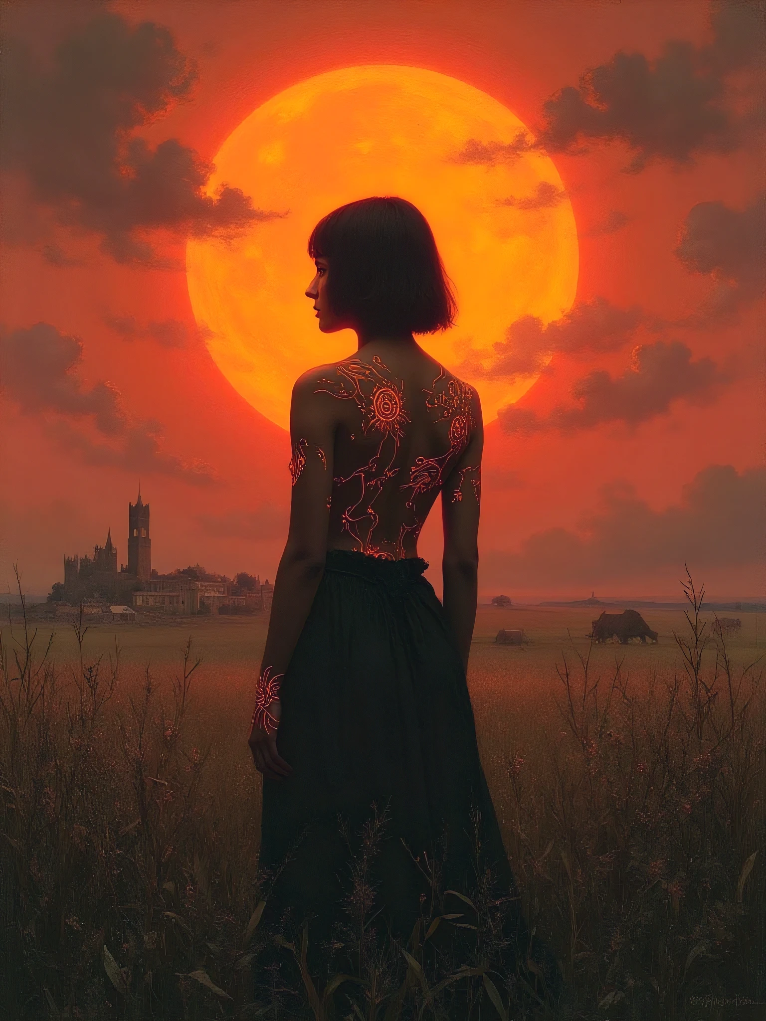 S1n0z1ck style,Victorian era oil painting by Henrietta Rae,Mysterious glowing woman standing in a field at twilight — tribal sun tattoos glowing orange on dark skin, stylized silhouette — short bob haircut, intense wide eyes, circular aura behind her — ominous red sky, smoke-like clouds swirling — distant village in shadows, tall grass framing foreground — ritualistic energy, supernatural presence, cinematic composition — flux style, strong contrast, mystical ambiance, graphic novel aesthetics, glowing patterns, dramatic lighting