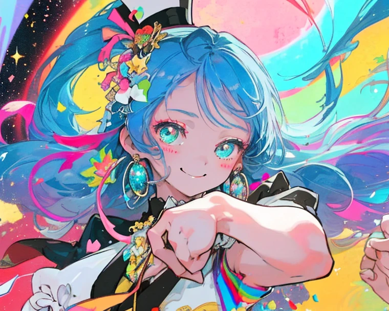 fully body photo,2 arms,2 legs,cropped shoulders,Beautiful detailed face,hair straight,ssmile,Gradient color eyes,White cloud background, reduction,shorter pants,high saturated,balloons,dynamic angle,城市,the night,exteriors,Highly Detailed Face and Skin Textur,二重まぶた，Whitens the skin,MagazineCover，（closeup ：1.1），（bauhause，Shape，lineworks，abstracted：1.1）,（rainbow colour hair， colorfulhair， Half blue and half pink hair： 1.2），(Hefty Smile),dream-state,skyscrapper, (The Tree of Life), swirles, Magic Array，Soap bubbles，Floating in the sky，brightly，cheerfulness，intriguing，gentlesoftlighting，