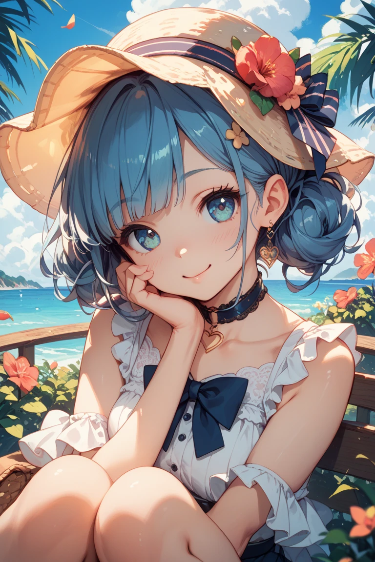 (Highest quality:1.4、8K:1.4、detailed)、F cup bust、Big Breasts、Slim body、Very white beautiful skin、((((1 person、Surprised expression、sit、Chair、In the background are the urban buildings of Tokyo、looking at the camera、Outdoor café terrace、coastal、Navy hair color、juice、Shooting up close、table、Very cute face))))、(((( in white bikini))))、(Pose of putting hair behind ears with hands:1.4)、Very blue sky、A completely cloudless sky