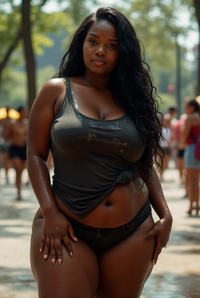 Mixed black ethnicity, curvy girl , long hair ,wearing ???? sport summer outfit