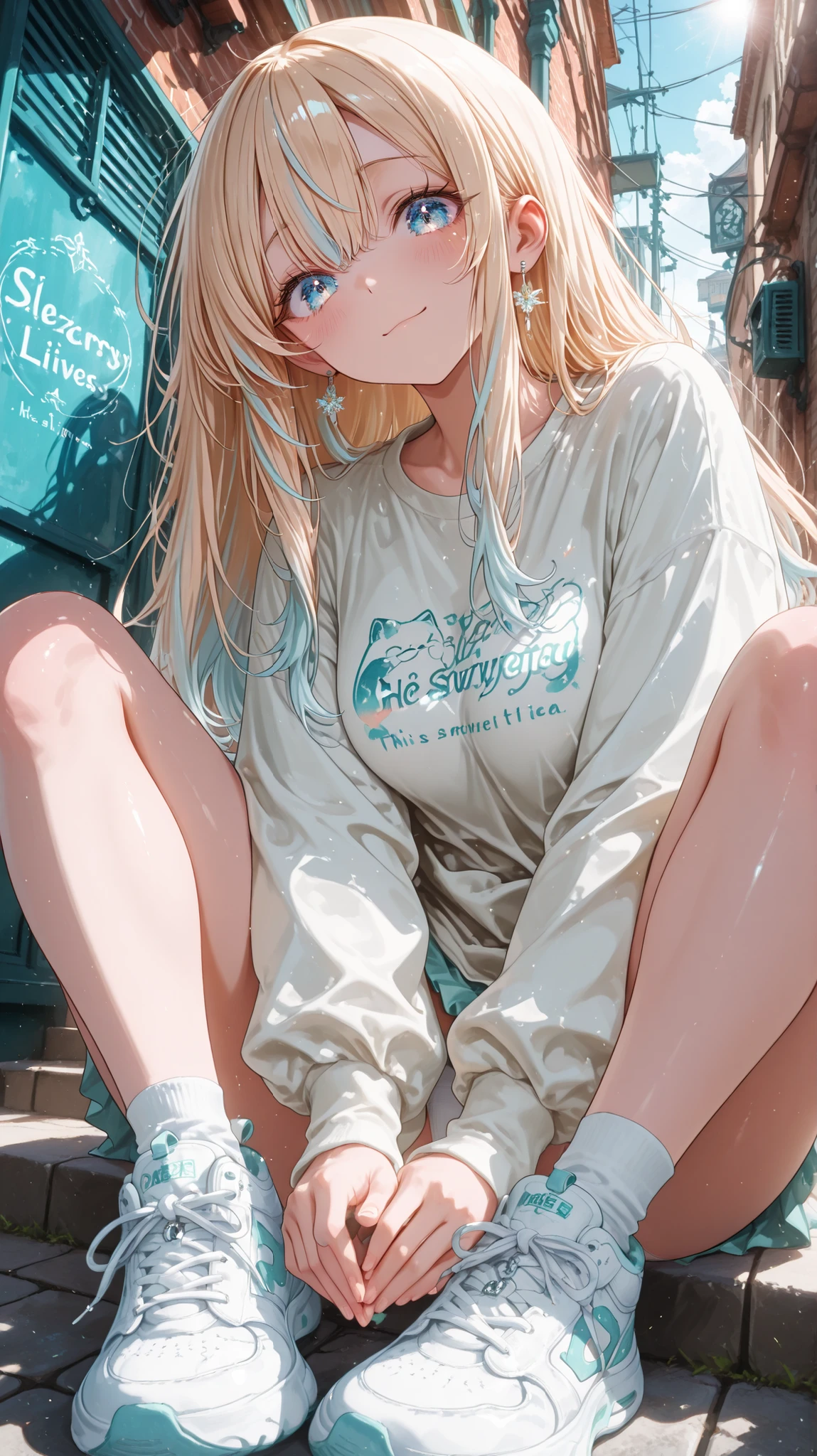 long hair, Blonde hair with light blue highlights、sitting between two narrow alleys, bright ancient brick building. he wears light-colored clothes, large unpatterned white sweatshirt that hangs loosely over the knee. Her ensemble has a、was completed with white sneakers with subtle light blue swoosh. face down, he has vibes, His light show conveys a, sunny day, creates soft shadows around her、emphasizes the pastel colors of her clothes. This scene is placed inside、relaxed young々vibe, capturing a moment of relaxing meditation in a calm urban setting. the narrow alley and electric wires at the top、adds elements of depth and symmetry. white panties glancing off