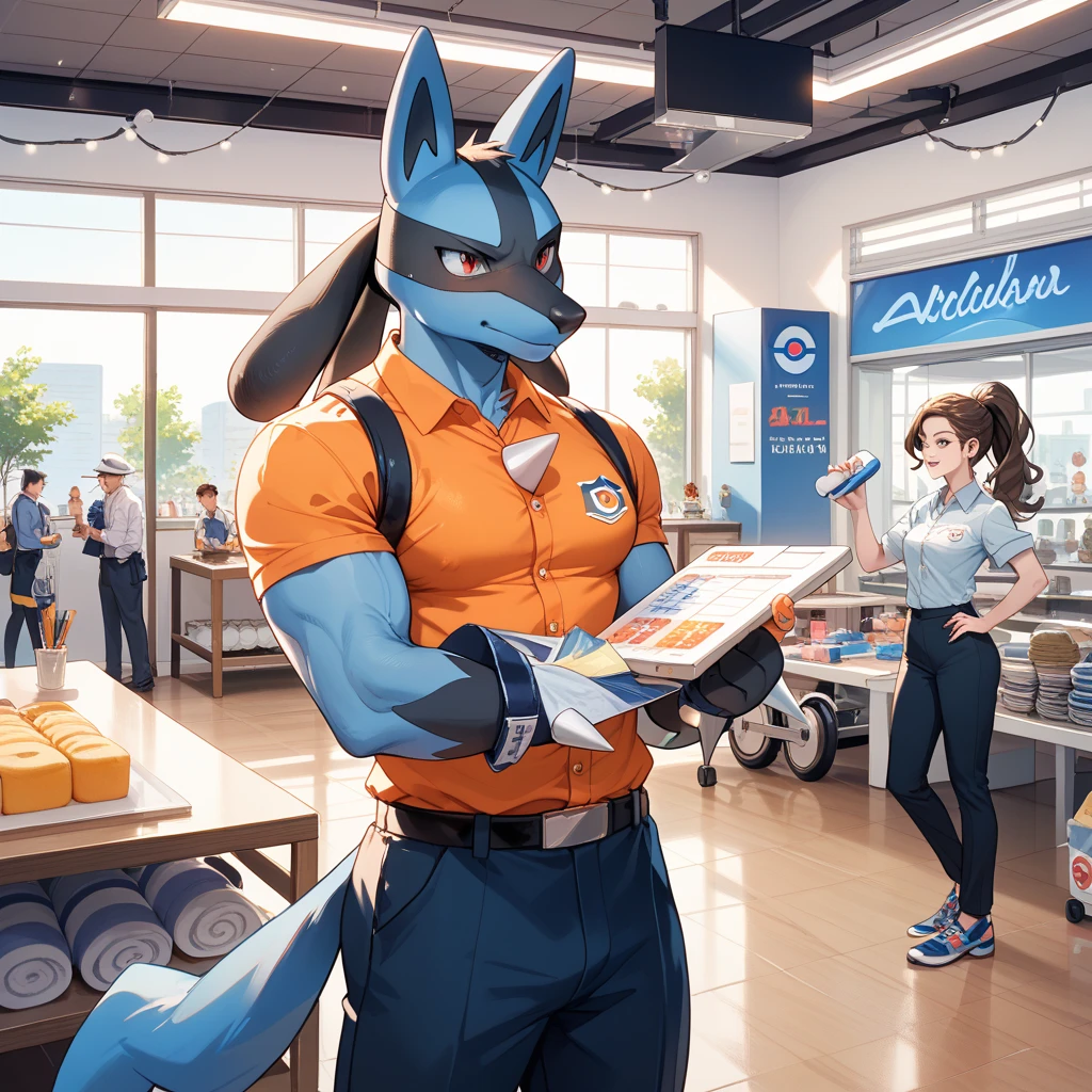 Score_9, score_8_up, an anthro dragon male, tall, athletic body, black dragon male, (black scaley body), red eyes, he is wearing a blue sports jersey and brown khaki shorts with white sneakers, walking in a strip mall, looking to his left at other character, 