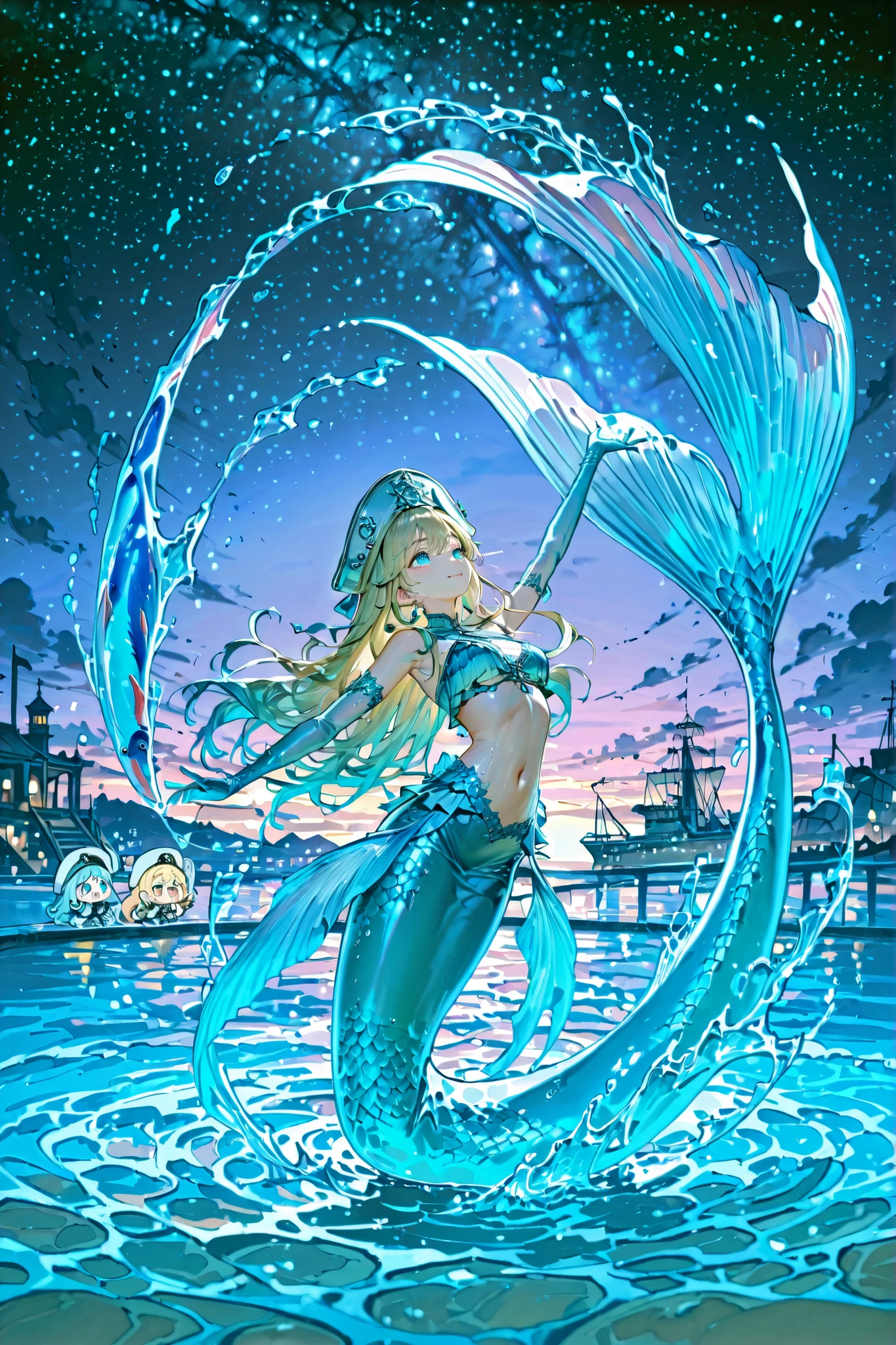 ((language: Japanese、English)、(Masterpiece), (Highest Quality), (High Score), (High Resolution),Uncensored,),

(Fantasy、Medieval(summer)、(night)、(starry sky)、(Outdoors)、3 chibi girls,,audience,),

(,（Opera House、Singing and dancing mermaids(mermaidsmt)、puddles under feet、rainbow fish dancing in the sky、An arc of water ring、splashes）、,,Ghost ship in the background、Ghost ship in the background、,,(Anatomically accurate structure),),

(((4ur4_illu,shiny,（splashesのエフェクト）、（Moonlight Illuminates Mermaids）、（Rotating Whirlpools、splashes）、 (Hair flowing in the wind), (hairdetailer:1.5),(ultra-detailed face:1.4),(detailed eyes:1.4),))

((mature woman,mermaidsmt, blonde hair, long hair, navel, scales, elbow gloves, mermaid,  [(gradient hair from green to light blue:1.4)0.6],,BREAK,Crop top dress,Sheer dress,ruffled bikini,cape,hat,ruffled skirt,Lace pareo, embroidered dress,(chibi),(navel),),((happy),(wet),)(arms wide open:0.8),(head up:1),(arched back:1),(dance,dancing,step),[looking up:],[full body:],[from above:1.5],[overhead shot:1.5],),
