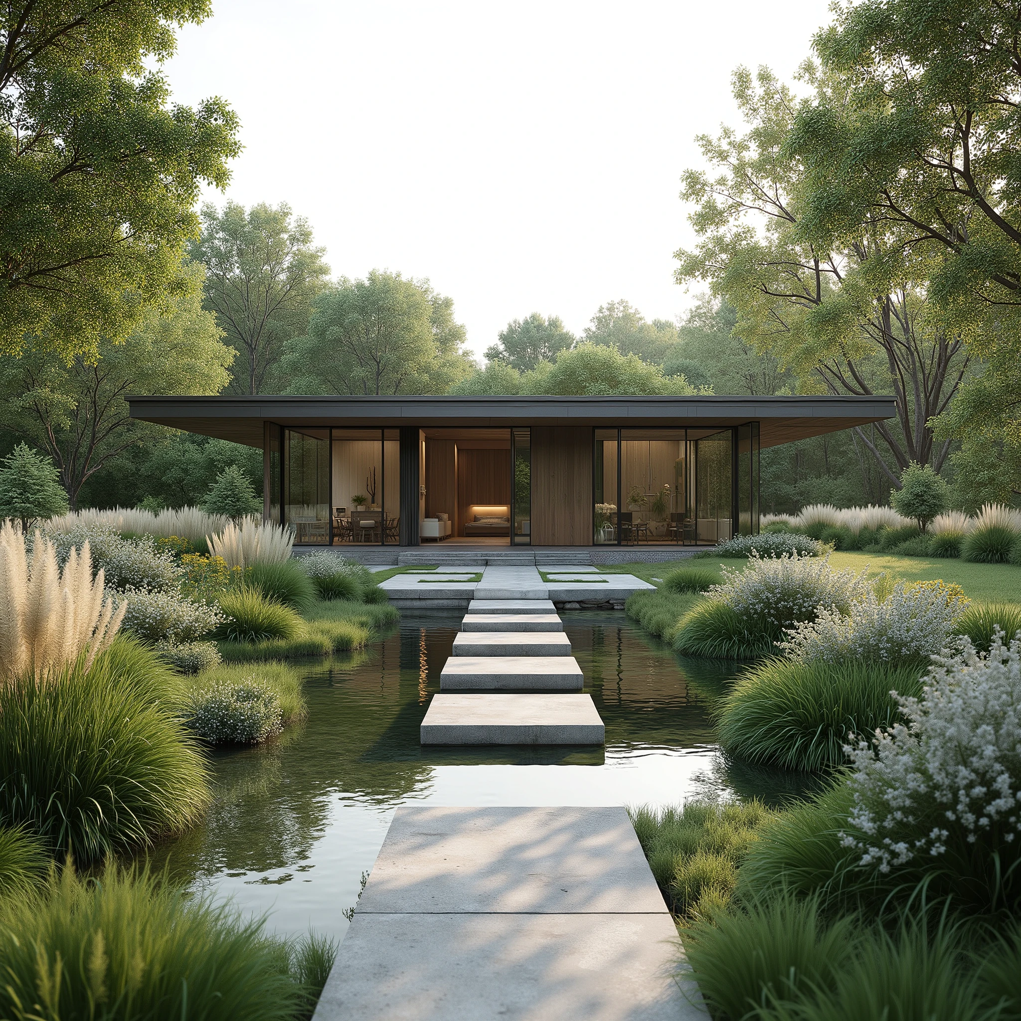 A pond is located in a depression of a countryside area that is immersed in greenery, surrounded by lush decorative grasses and blooming plants that create a cozy atmosphere. In the background, there is a minimalist-style house rendered with realistic details and textures. A neat stepping path leads to the house, adding harmony and flow to the composition.