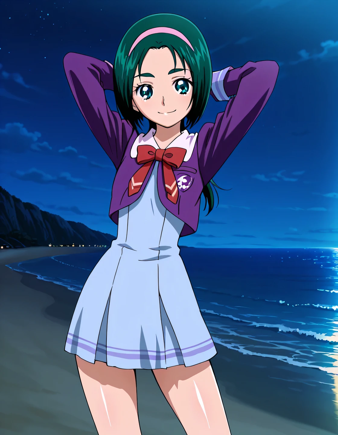 Komachi, dark green hair, short_hair, low ponytail, hairband, pink band, green eyes, small_breasts, hairband, school uniform, purple jacket, long sleeves, cropped jacket, red bowtie, blue dress, short dress, pleated dress, screencap, high quality, solo, shiny skin, nighttime, beach, arms behind head, (contrapposto), closed mouth, smile, cowboy shot, looking at viewer,