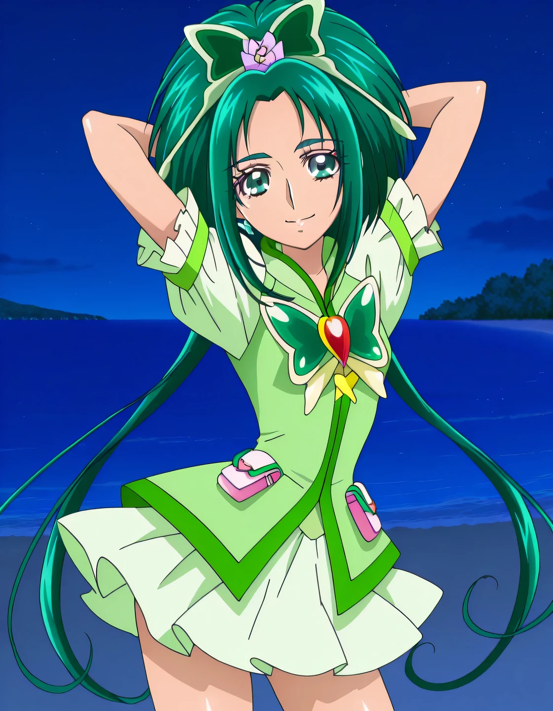 Cure Mint, green_eyes, green hair, short_hair, low twintails, hair_ornaments, earrings, ,green precure costumes, small_breasts, anime screencap, high quality, solo, shiny skin, nighttime, beach, arms behind head, (contrapposto), closed mouth, smile, cowboy shot, looking at viewer,