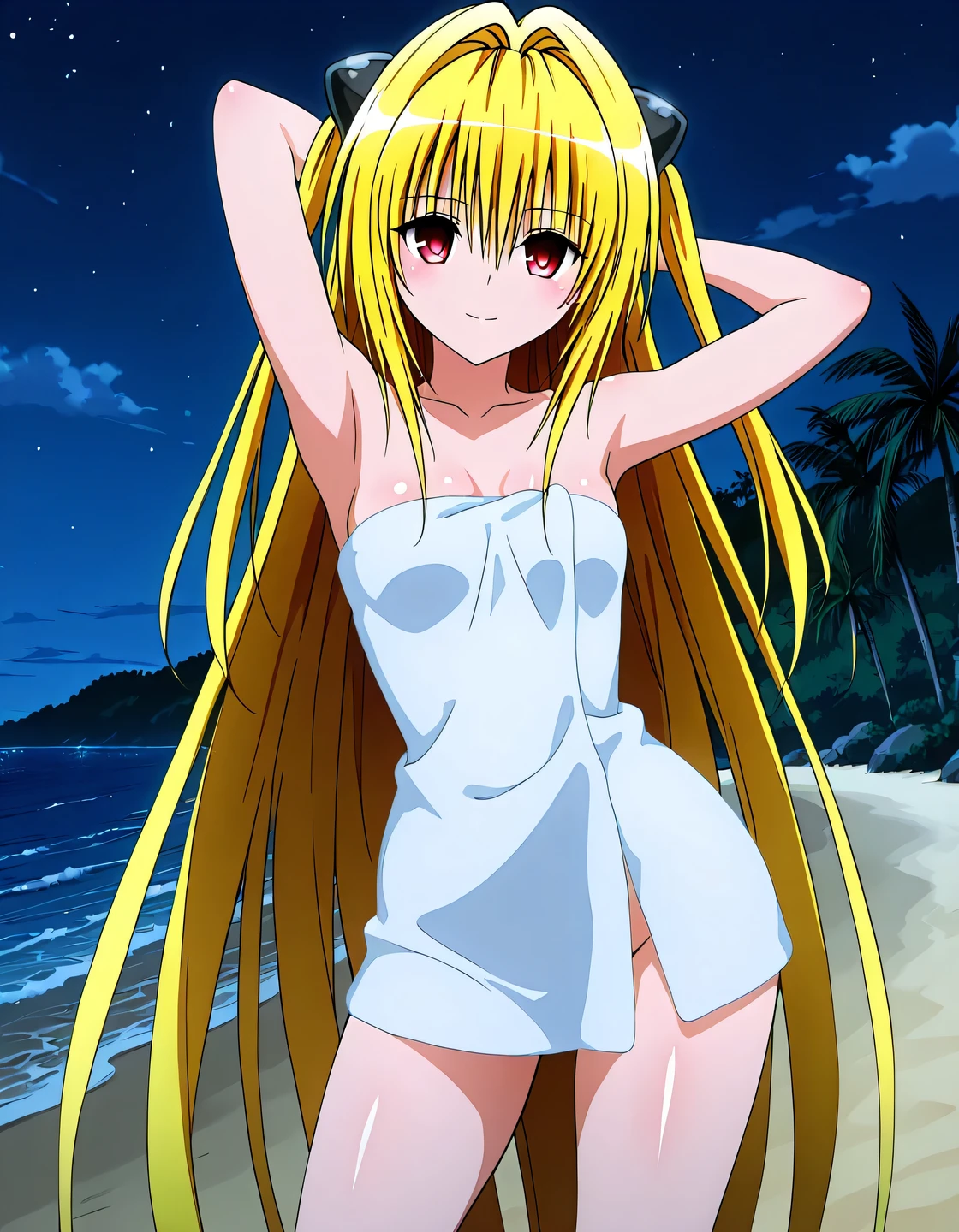 konjiki no yami, hair intakes, hair between eyes, two side up, very long hair, blonde hair, red eyes, hairpods,  towel, small , anime coloring, high quality, solo, shiny skin, night sky, beach, arms behind head, (contrapposto), closed mouth, warm smile, cowboy shot, looking at viewer, best quality