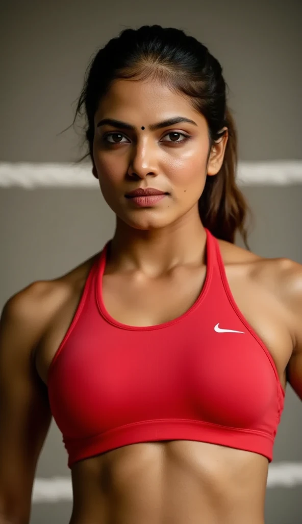 Looks like Deeksha Seth,slightly chubby,wearing black boxing gloves,black boxing gloves,boxing ring,sweaty,tired,exhausted,arms raised,both arms up,boxing gloves on both hands, intricate details,dark blue outfit,(ArtStation:1.2),armpits,sweat,sweaty,sweaty armpits,arms up,showing armpits,awesome armpits,eyeroll,blue outfit,blackish blue arm warmers,blue arm bands,blue black arm warmers