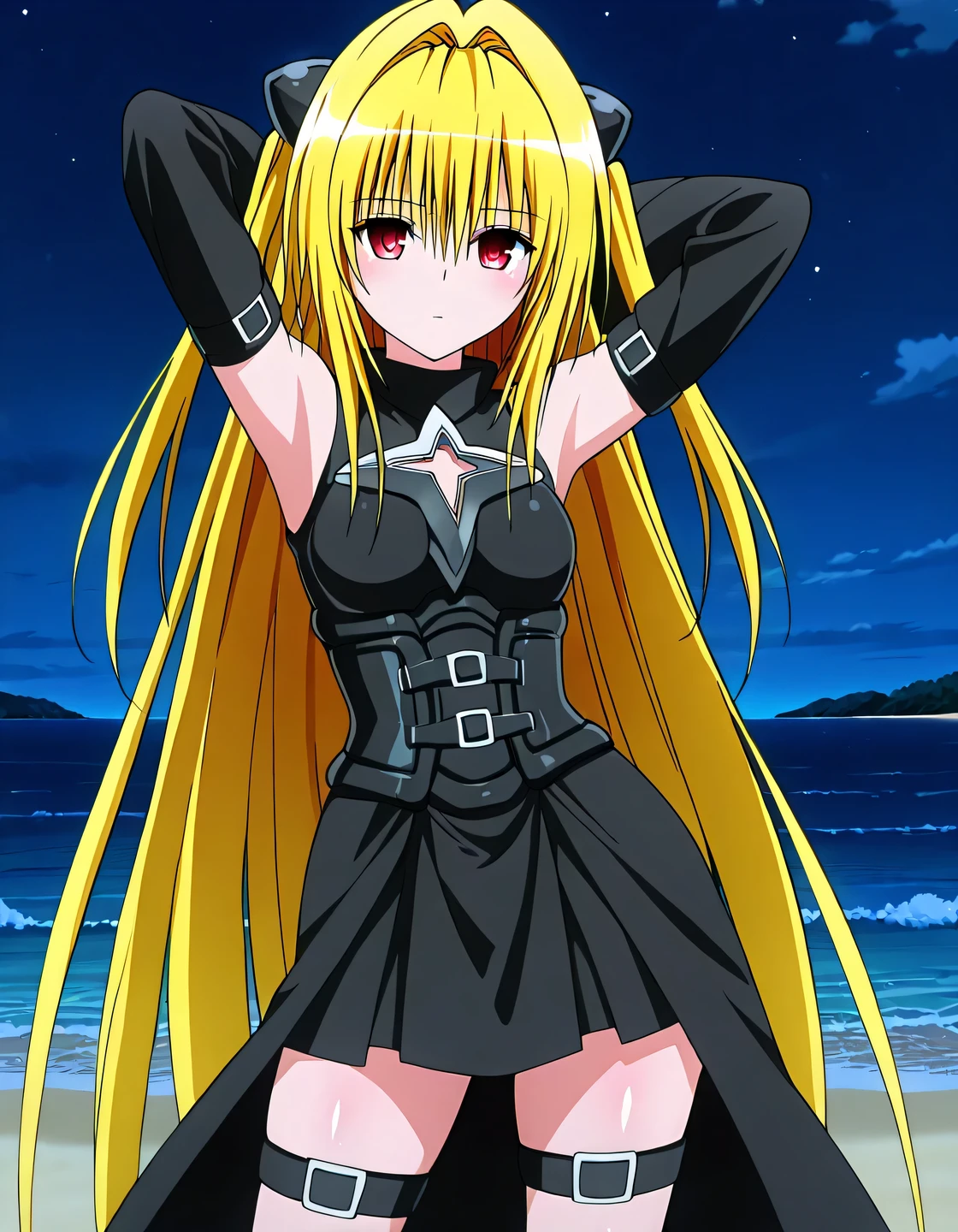 konjiki no yami, hair intakes, hair between eyes, two side up, very long hair, blonde hair, red eyes, hairpods, sleeveless dress, black dress, clothing cutout, black belt, detached sleeves, black sleeves, leg belt, anime screencap, high quality, solo, shiny skin, night sky, beach, arms behind head, (contrapposto), closed mouth, expressionless, cowboy shot, looking at viewer, best quality