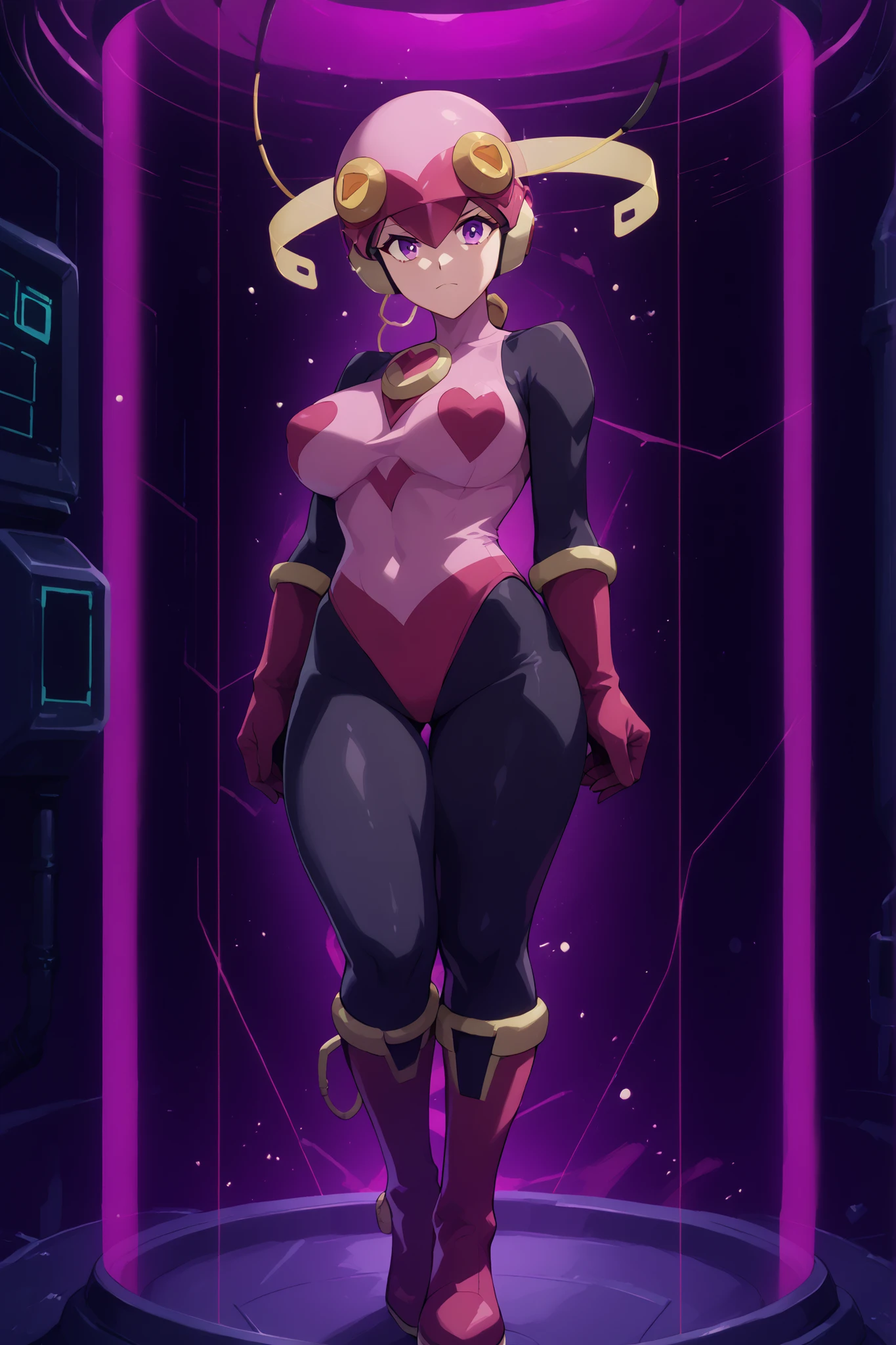Roll_.exe_megaman. Pink helmet. Purple effect on helmet. Glossy. Black bodysuit. Pink leotard. Red pants.  Pink long gloves. Perky breasts. Slender body. Big waist. Detailed thighs. Asymmetric standing pose. Asymmetric pose. Mechanical background. Stasis Tank.Dark room. Electronic circuit pattern.