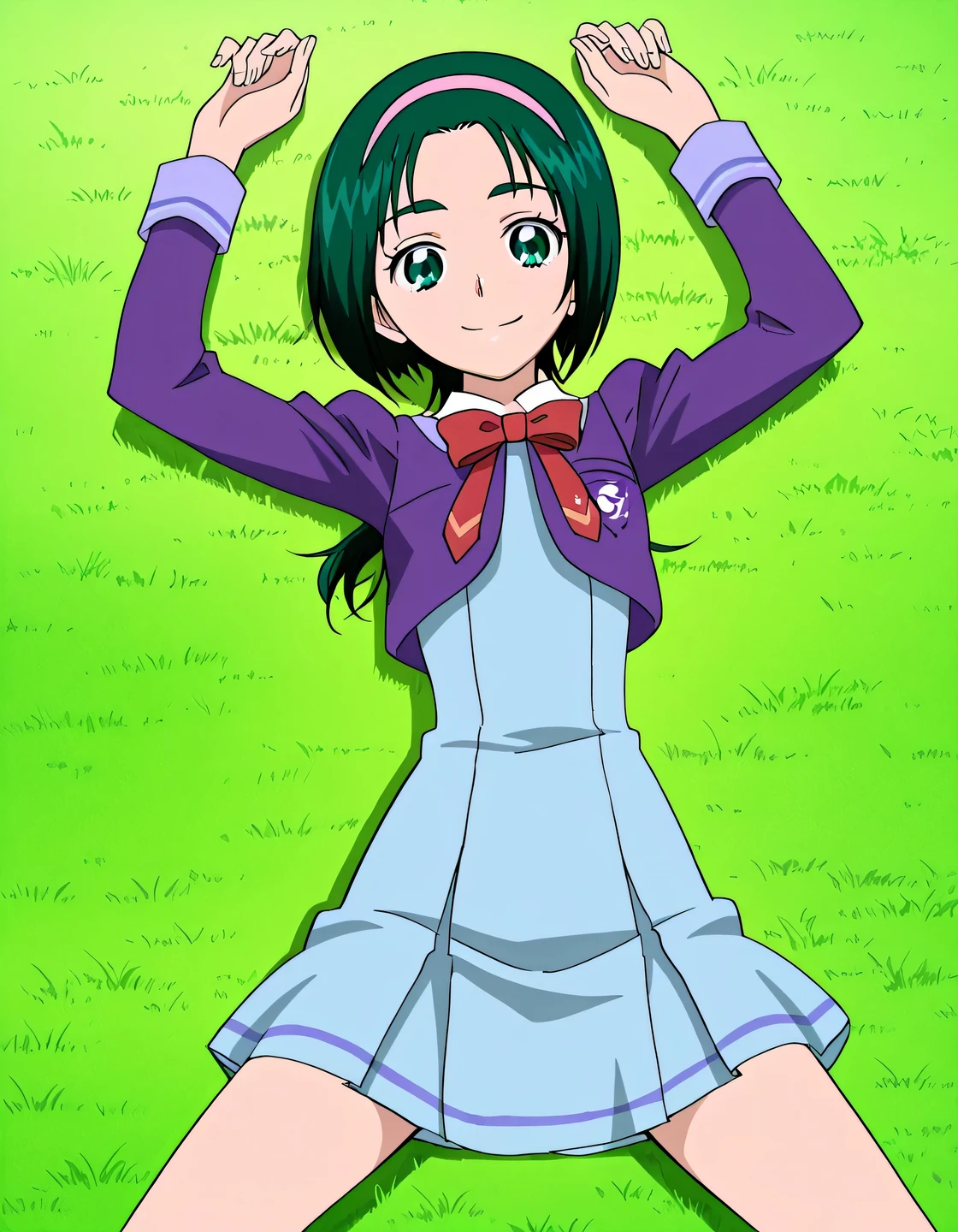 Komachi, dark green hair, short_hair, low ponytail, hairband, pink band, green eyes, small_breasts, hairband, school uniform, purple jacket, long sleeves, cropped jacket, red bowtie, blue dress, short dress, pleated dress, anime screencap, high quality, closed mouth, solo, cowboy shot, medium shot, lying, on back, grass, arms up, spread legs, looking at viewer, smile, best quality,
