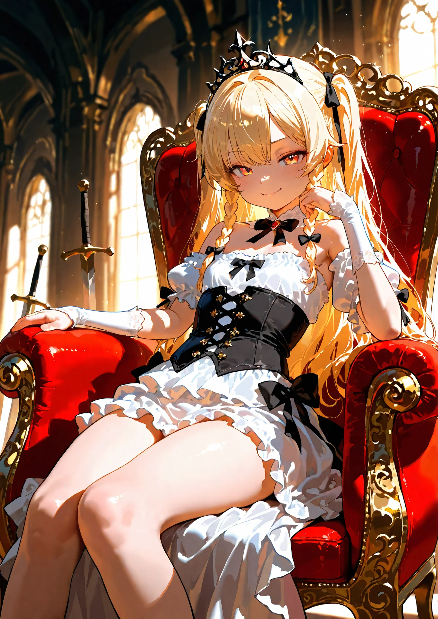 1girl, solo, young loli, princess, smug, petite but curvy, ribbons, braided sidelocks, ribbons, frills, sitting on a magnificent throne, medieval fantasy room, beautiful decorations, swords and shields decorations, seductive, sexy pose, alluring atmosphere, cinematic lighting and shadows, beautiful lighting and shadows, BREAK, masterpiece,top quality,warm color,high resolution,high fashion,absurdres extremely,vivid colors,intricate details,best quality,amazing quality,very aesthetic,newest,ultra-detailed,