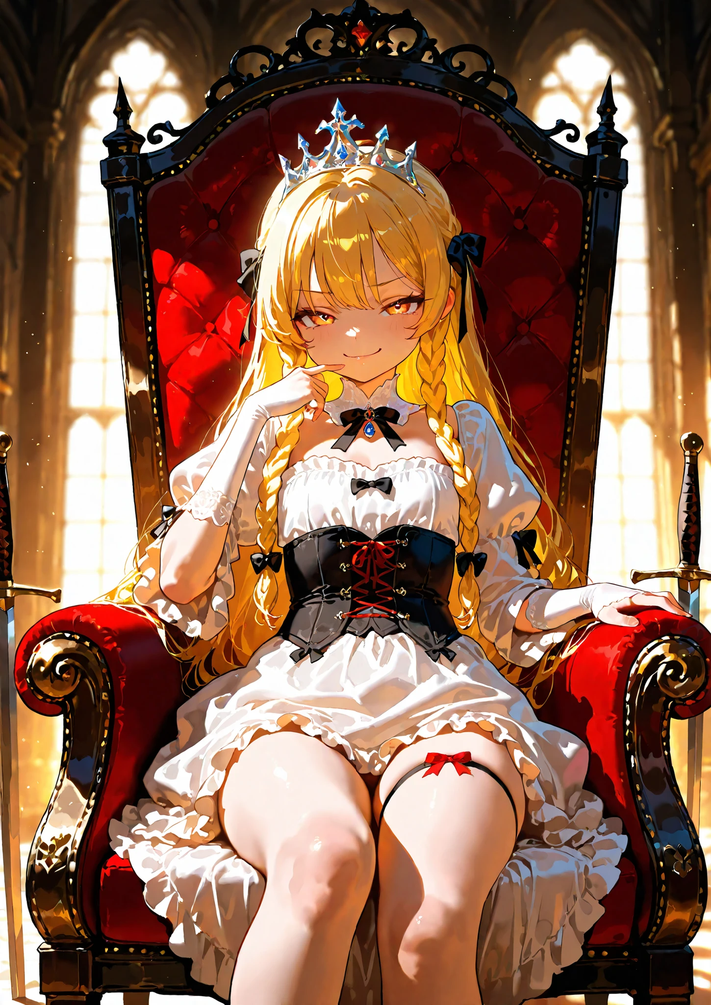 1girl, solo, young loli, princess, smug, petite but curvy, ribbons, braided sidelocks, ribbons, frills, sitting on a magnificent throne, medieval fantasy room, beautiful decorations, swords and shields decorations, seductive, sexy pose, alluring atmosphere, cinematic lighting and shadows, beautiful lighting and shadows, BREAK, masterpiece,top quality,warm color,high resolution,high fashion,absurdres extremely,vivid colors,intricate details,best quality,amazing quality,very aesthetic,newest,ultra-detailed,