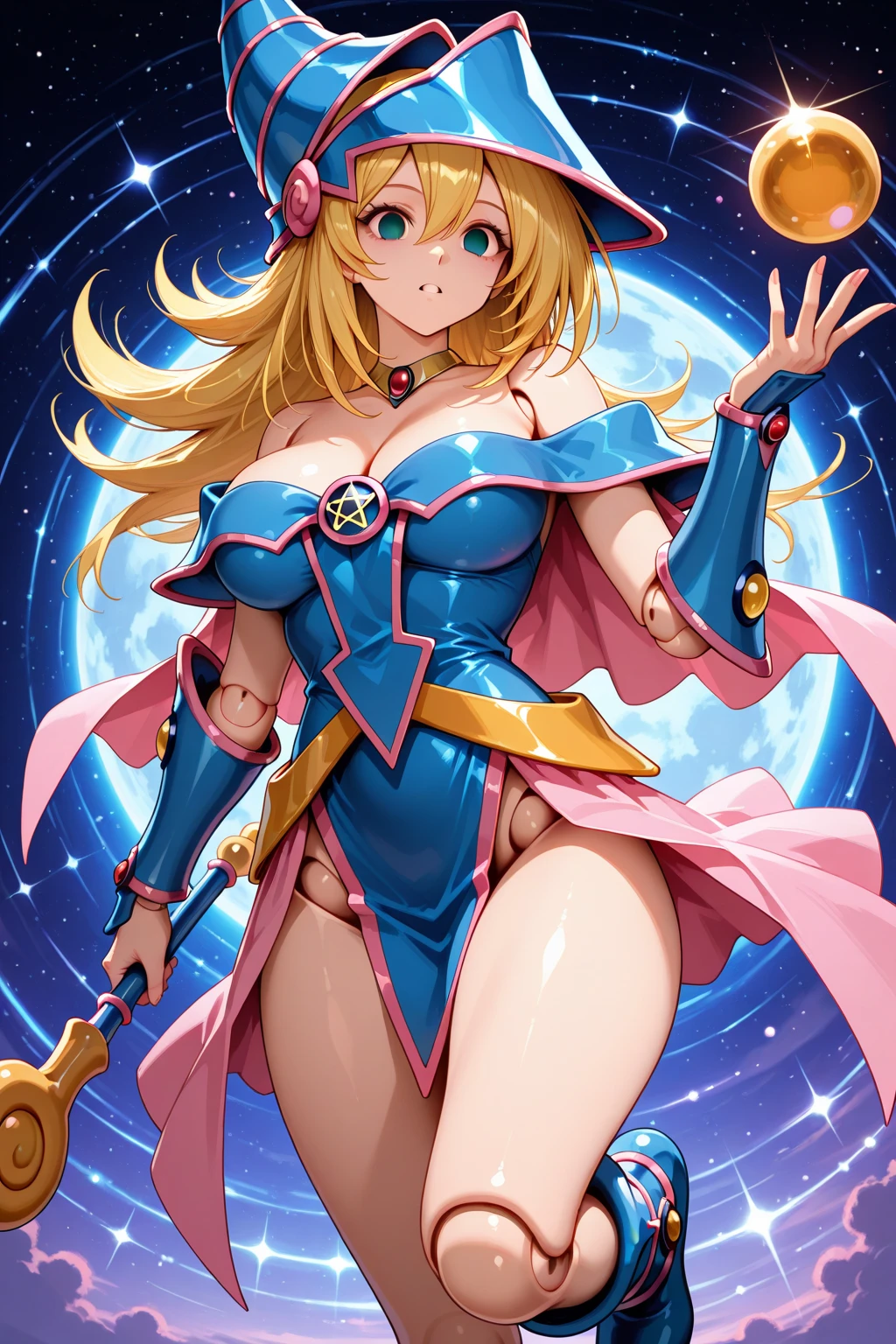 dark magician girl, masterpiece, best quality, 1girl, blonde hair, blue footwear, blue headwear, , duel monster, hat, hexagram, , long hair, looking at viewer, nail polish, open mouth, pentacle, pentagram, solo, staff, wand, wizard hat,

yu-gi-oh!,
<lora:dark_magician_girl_offset:1>