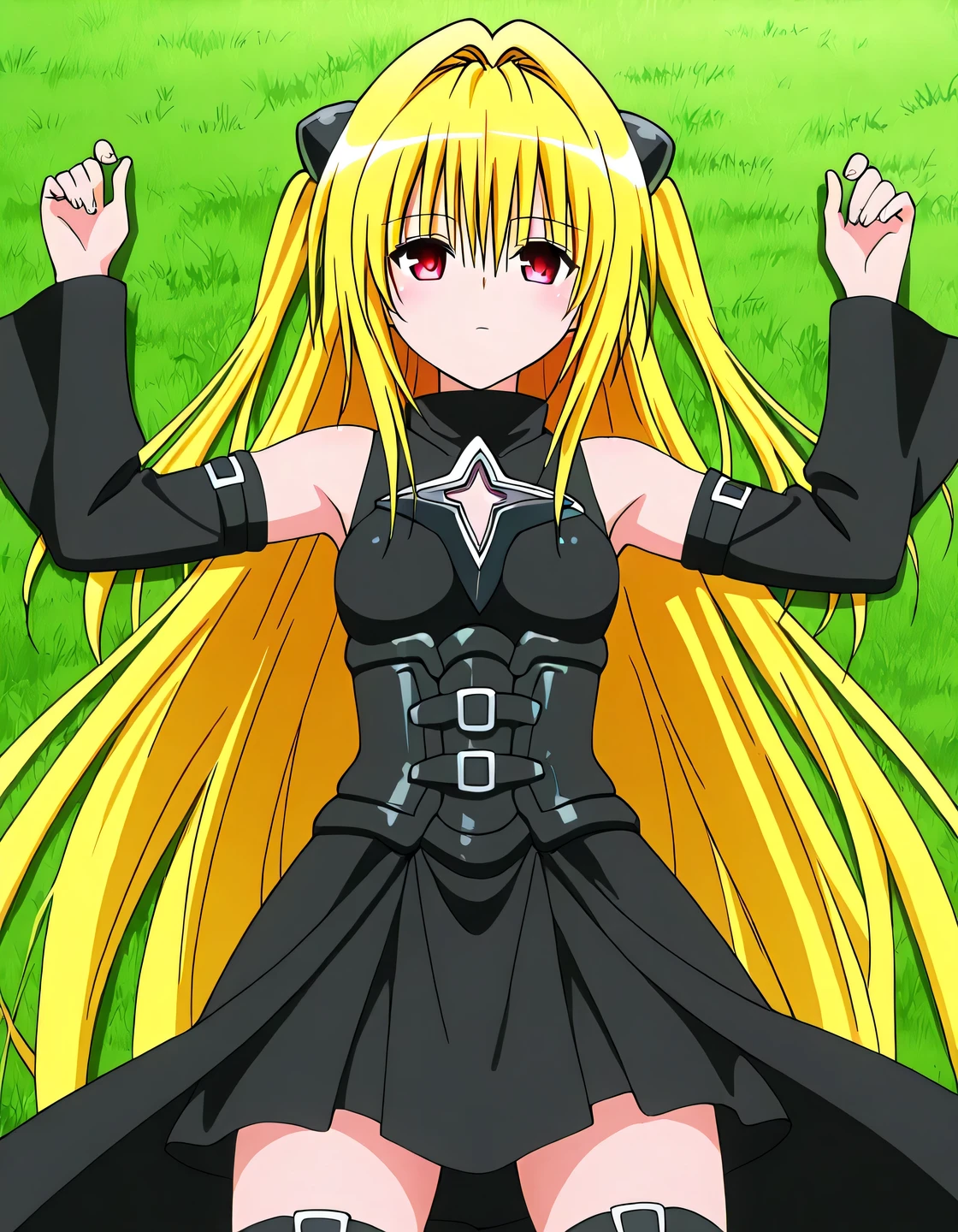 konjiki no yami, hair intakes, hair between eyes, two side up, very long hair, blonde hair, red eyes, hairpods, sleeveless dress, black dress, clothing cutout, black belt, detached sleeves, black sleeves, leg belt, anime screencap, high quality, closed mouth, solo, cowboy shot, medium shot, lying, on back, grass, arms up, , looking at viewer, expressionless, best quality,