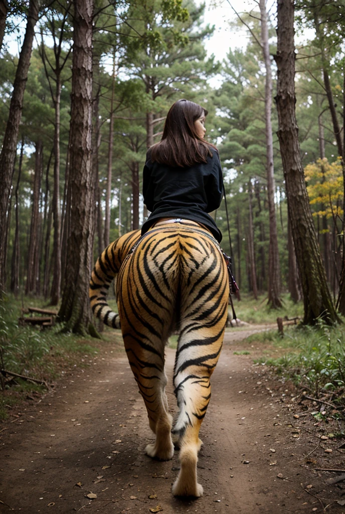Make a woman ride a tiger walking in the woods - SeaArt AI