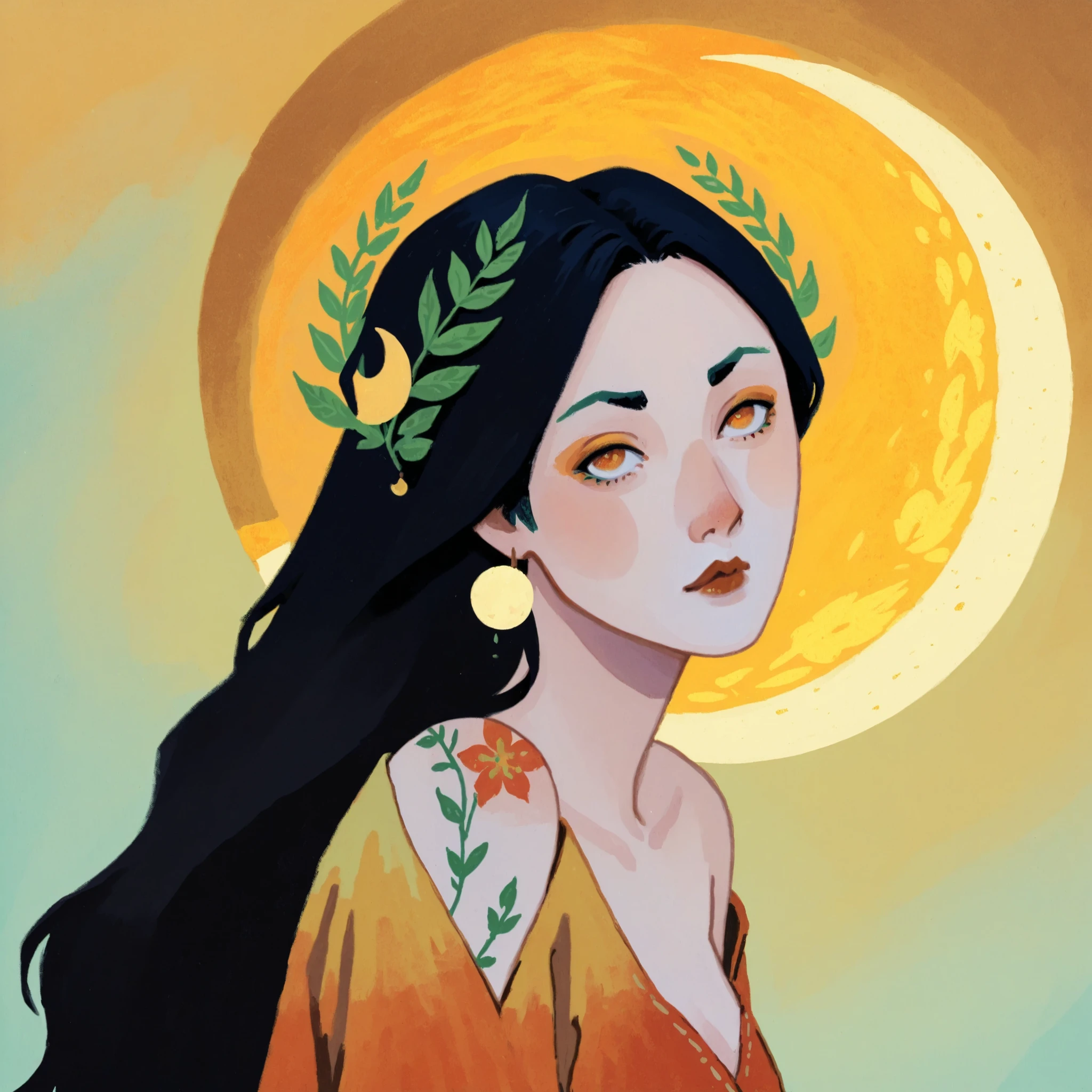gouache portrait of 1girl, digital painting, hand-painted gouache illustration, warm orange and golden color palette, smooth painterly brushstrokes, stylized yet semi-realistic proportions, expressive features, bold eyebrows, flowing black hair decorated with green leaf ornaments, floral tattoo on exposed shoulder, soft shading, matte finish, abstract gradient background with crescent moon, storybook aesthetic, masterpiece, best quality, highly detailed, soft 2D illustration, vivid yet harmonious tones, layered gouache and oil textures, illustrious quality, dkri style