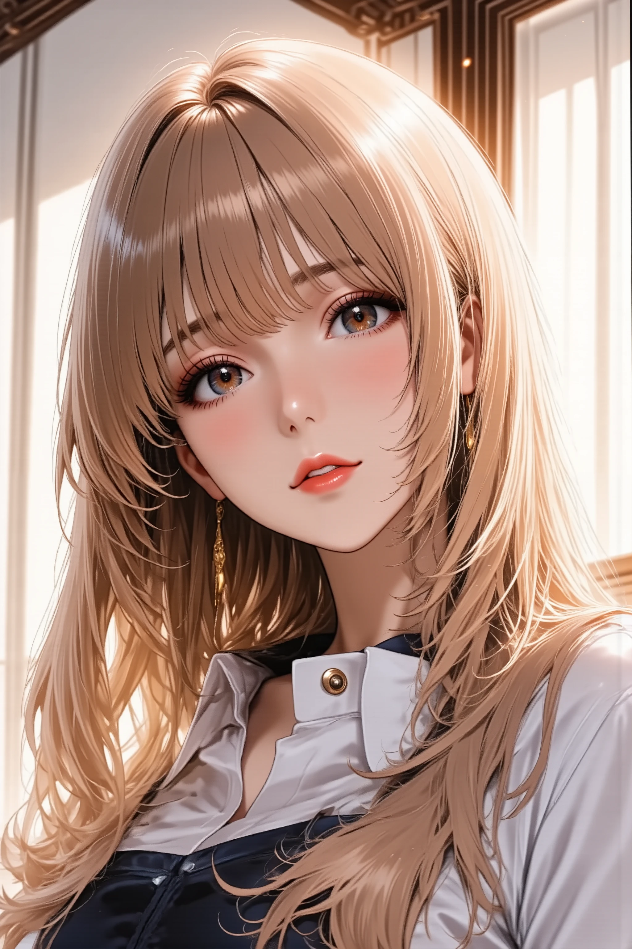 1girl, long hair, silky straight hair, makeup, red lips, facing up, looking at viewer, light smile, school uniform, sailor suit, from side, full body