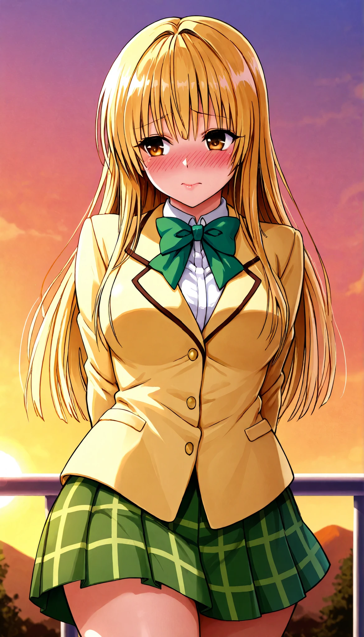 masterpiece, best quality, highres, 1girl, solo, blonde straight hair, brown eyes, sainan school winter uniform , blazer, yellow jacket, long sleeves,white frill shirt ,plaid skirt,green bowtie, green skirt, ,sunset ,school outdoor,arms behind back , from front,closed mouth ,blushing ,glossy lips,thigh, cowboy shot,