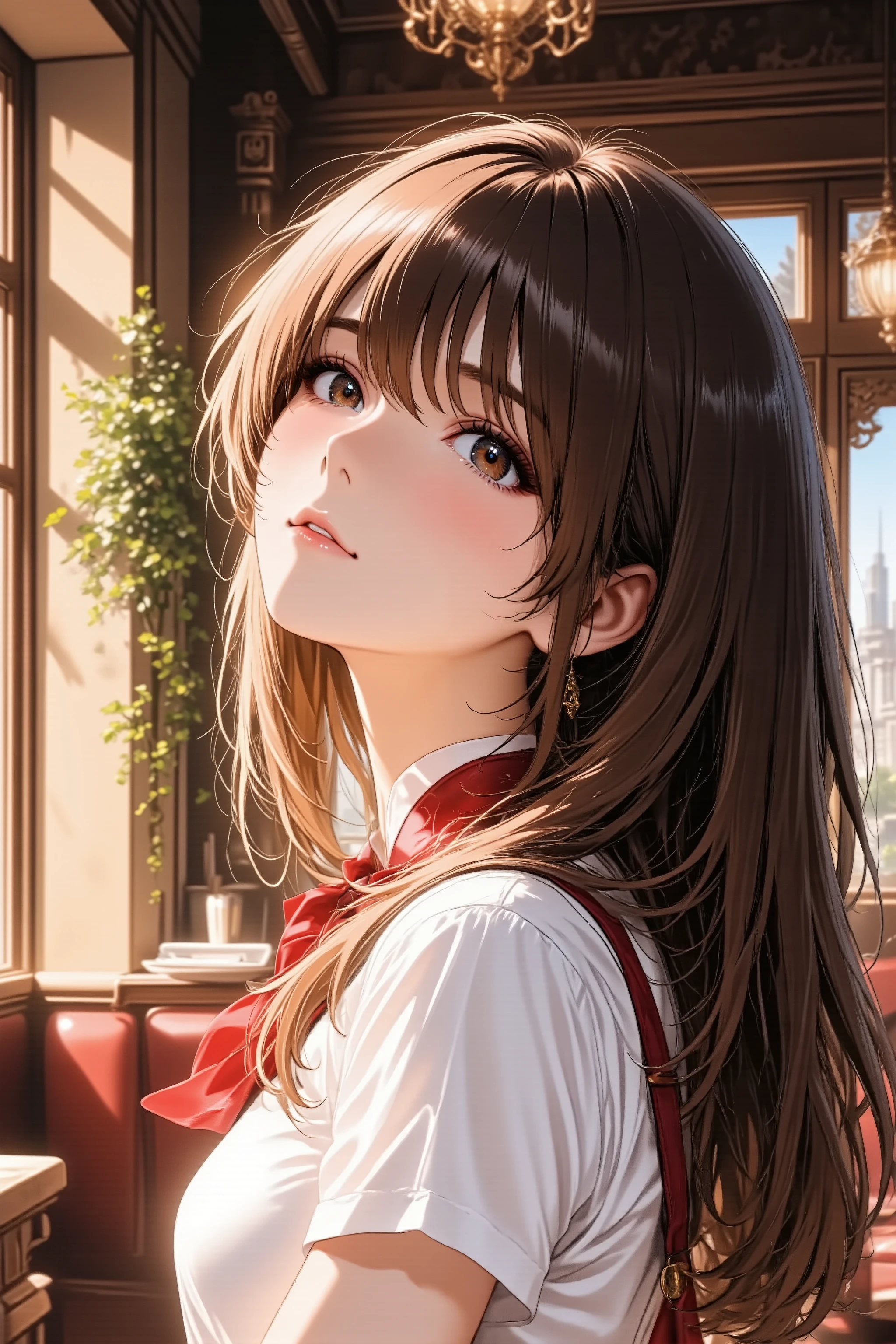 1girl, long hair, silky straight hair, makeup, red lips, facing up, looking at viewer, light smile, Cafe Waitress, from side, full body