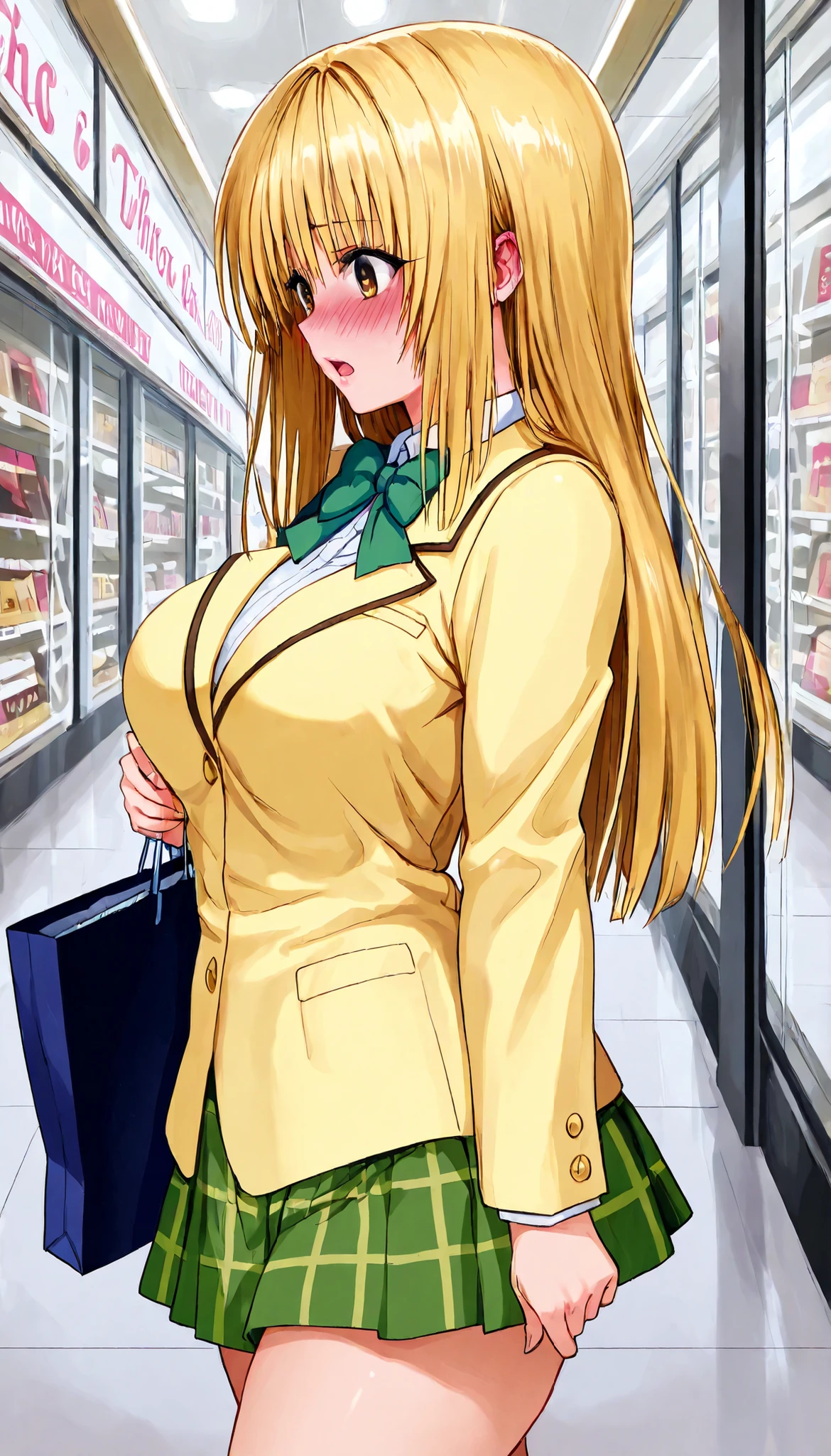 masterpiece, best quality, highres, 1girl, solo, blonde straight hair, brown eyes, sainan school winter uniform , blazer, yellow jacket, long sleeves,white frill shirt ,plaid skirt,green bowtie, green skirt, ,daytime ,walking in shopping mall, from side,open mouth ,blushing ,glossy lips,thigh, cowboy shot,