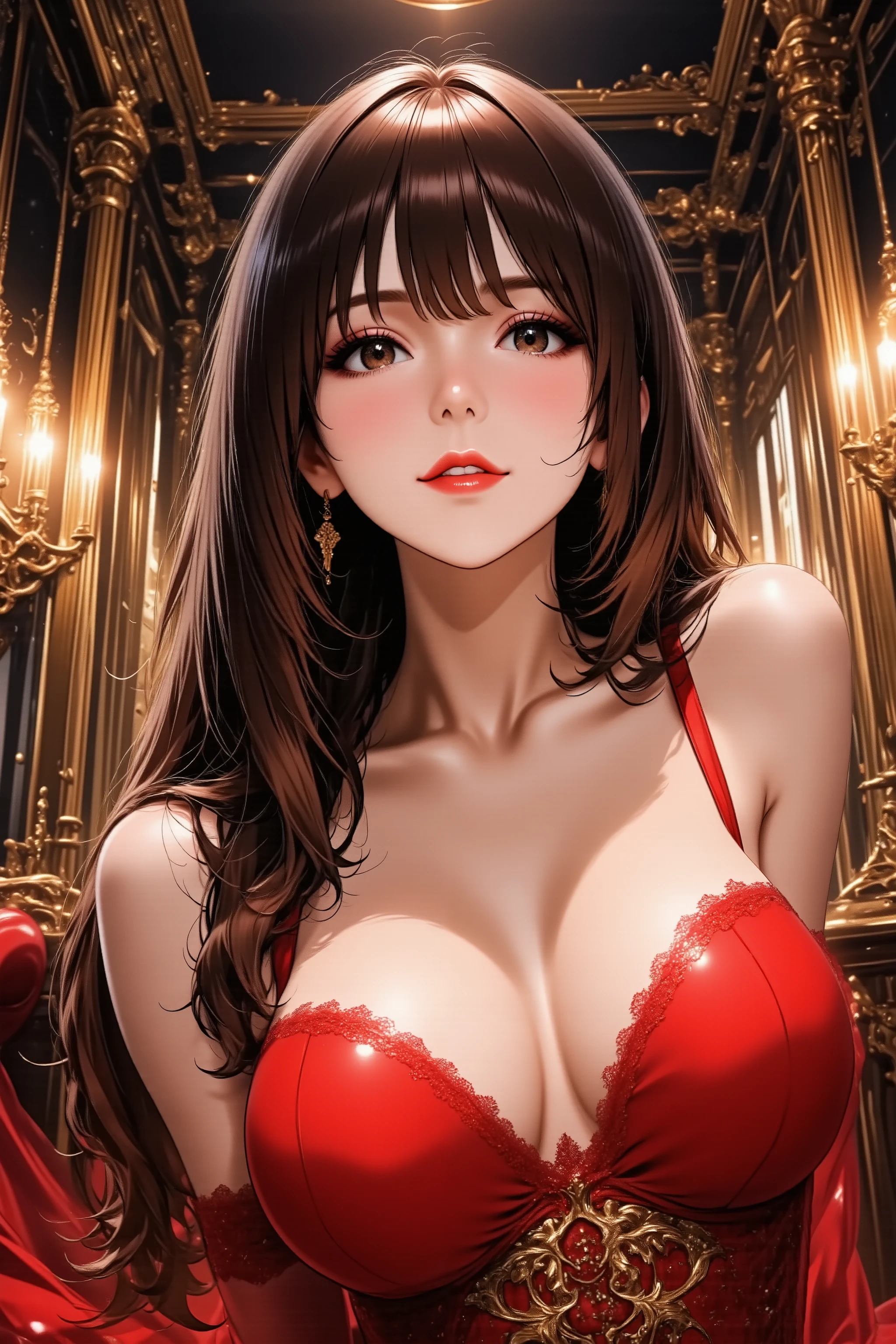 1girl, long hair, silky straight hair, makeup, red lips, facing up, looking at viewer, light smile, glamorous cabaret girl, from side, full body