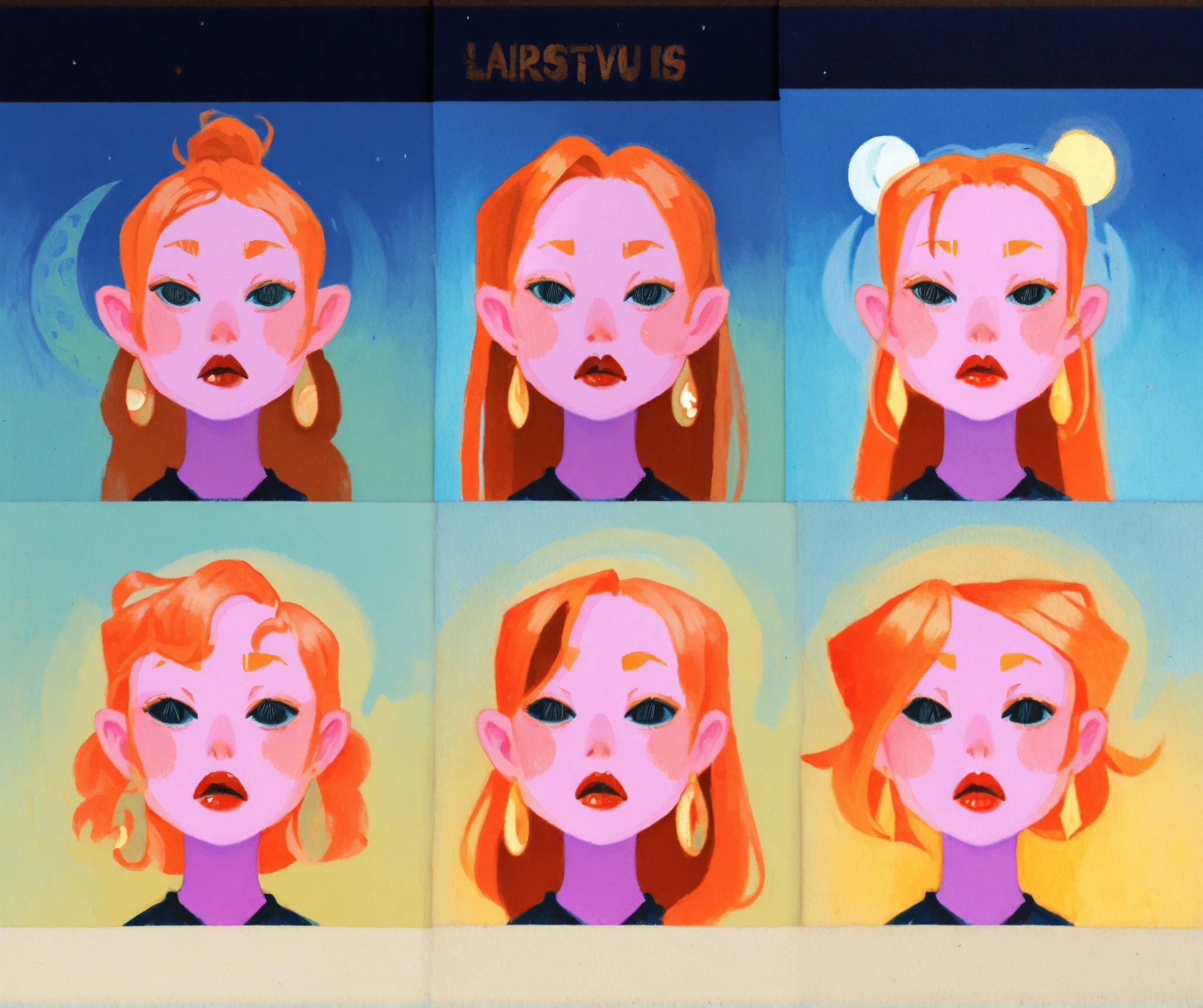 gouache portrait of 1girl, copper hair, black eyes, fair pink skin, golden earrings, red lips, black clothing, digital painting, hand-painted gouache illustration, smooth painterly brushstrokes, expressive eyes, bold eyebrows, soft shading, matte finish, abstract gradient background with crescent moon, storybook aesthetic, masterpiece, best quality, illustrious
