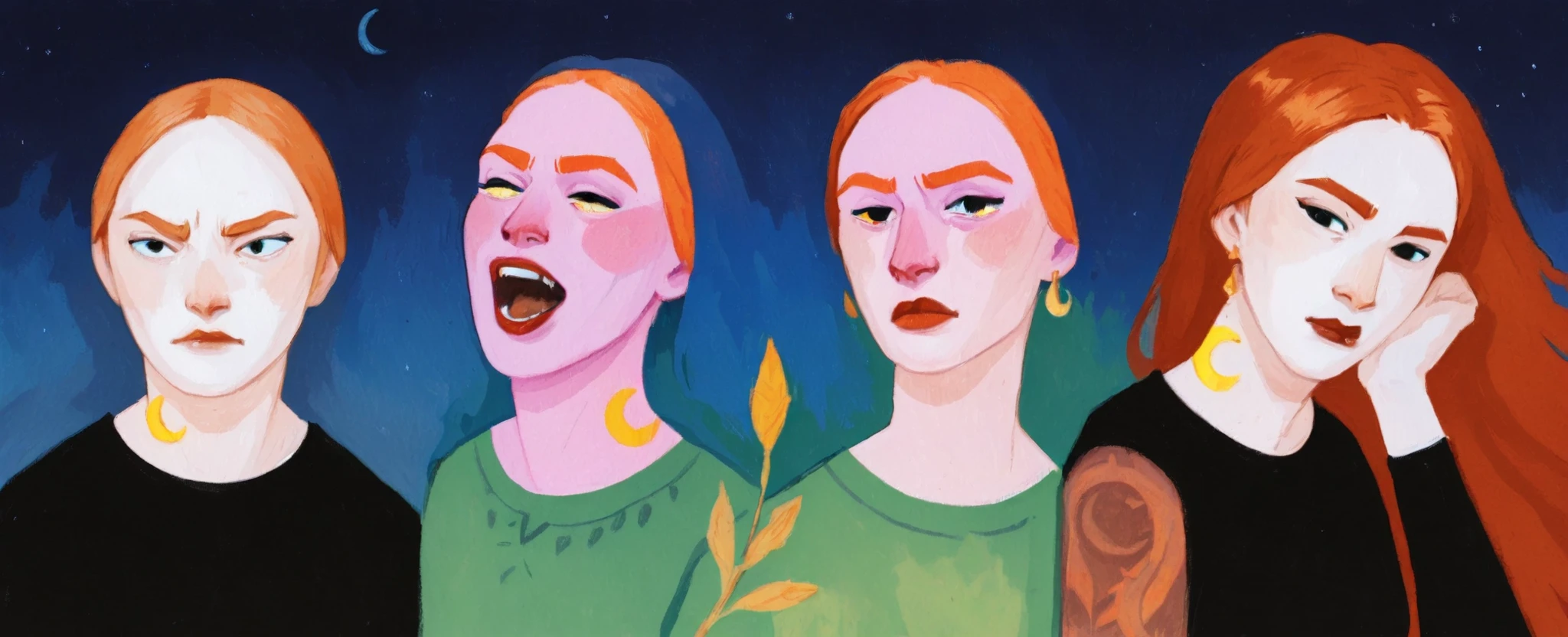 gouache portrait of 4girls, copper hair, black eyes, fair pink skin, golden earrings, red lips, black clothing, digital painting, hand-painted gouache illustration, smooth painterly brushstrokes, expressive eyes, bold eyebrows, tattoo on neck exposed , soft shading, matte finish, abstract gradient background with crescent moon, storybook aesthetic, masterpiece, best quality, illustrious
