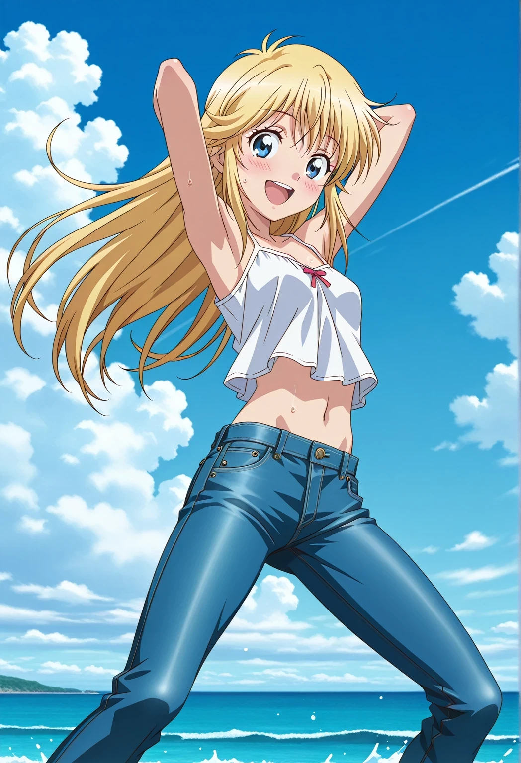 score_9, score_8_up, score_7_up, source_anime, highres, hi res, ((best quality, top quality, perfect quality, Highest Quality, amazing quality)), {{masterpiece}}, {{an extremely delicate and beautiful}}, 2d, intricate details, official style, anime, 8k, anime style, official_anime, official art, digital painting, cell shading, soft shading, high resolution, soothing tones, Subdued Color, Soft cinematic light, adobe lightroom, photolab, HDR, intricately and hyper-detailed, ((high quality animation)), 1 girl, Alone, solo, ((ocean)), tsunami, on the water, day, sunny, outdoors, sky, windy, Cleao Everlasting, blue eyes, blonde hair, long hair, side rolling hair, anime screencap, small breasts, white camisole top, crop top, white crop top, best quality, hyper-detailed jeans, ((blue jeans:1.9)), (dark blue jeans:0.6), full medium body, medium shot, Open mouth, smiling, happy face, blush, sweat, standing, ((arms behind head:6.0)), bowlegged, jumping pose, action, looking at viewer, spread legs, Bend knees slightly, straight-on front view