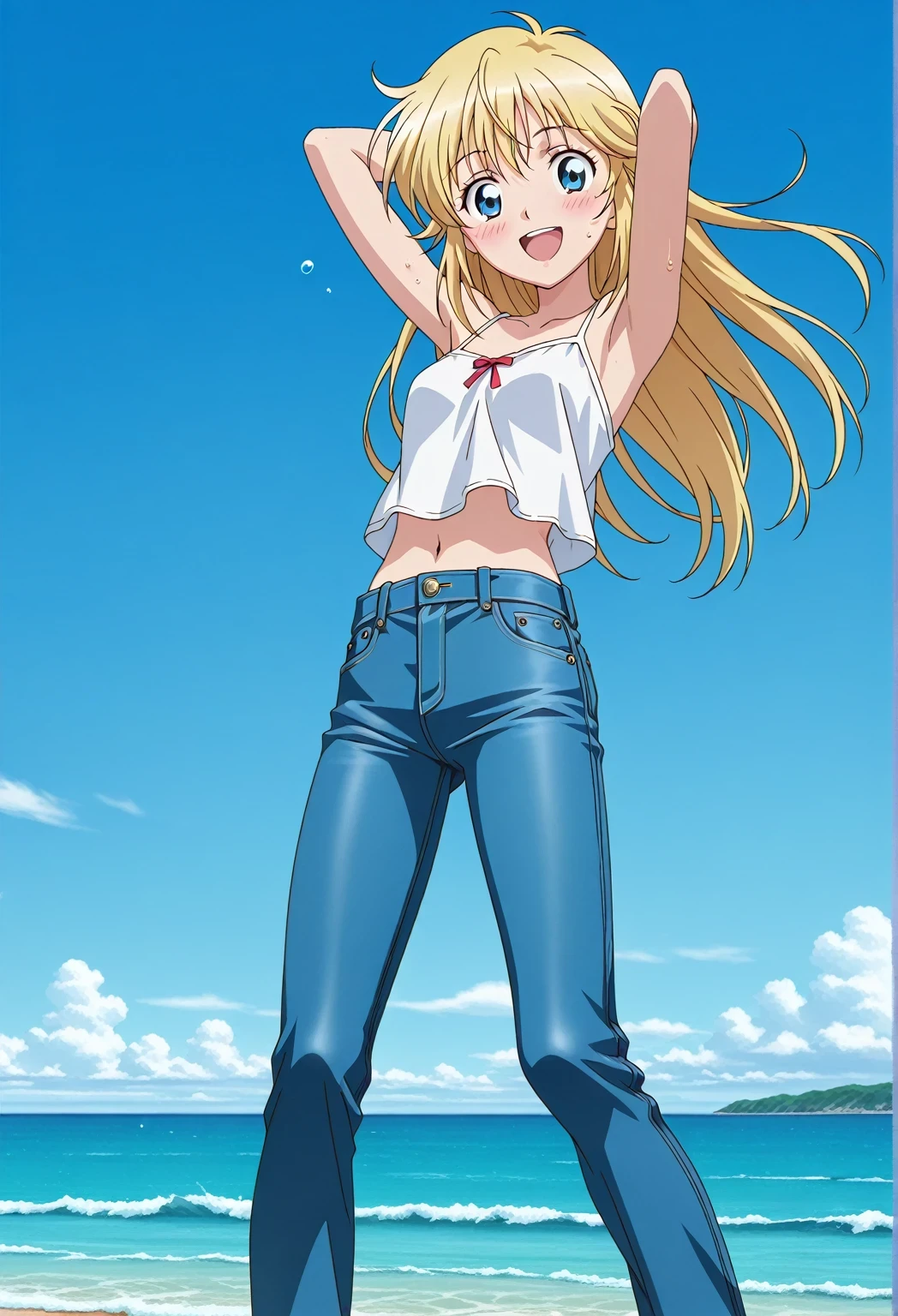 score_9, score_8_up, score_7_up, source_anime, highres, hi res, ((best quality, top quality, perfect quality, Highest Quality, amazing quality)), {{masterpiece}}, {{an extremely delicate and beautiful}}, 2d, intricate details, official style, anime, 8k, anime style, official_anime, official art, digital painting, cell shading, soft shading, high resolution, soothing tones, Subdued Color, Soft cinematic light, adobe lightroom, photolab, HDR, intricately and hyper-detailed, ((high quality animation)), 1 girl, Alone, solo, ((ocean)), tsunami, on the water, day, sunny, outdoors, sky, windy, Cleao Everlasting, blue eyes, blonde hair, long hair, side rolling hair, anime screencap, small breasts, white camisole top, crop top, white crop top, best quality, hyper-detailed jeans, ((blue jeans:1.9)), (dark blue jeans:0.6), full medium body, medium shot, Open mouth, smiling, happy face, blush, sweat, standing, ((arms behind head:6.0)), bowlegged, jumping pose, action, looking at viewer, spread legs, Bend knees slightly, straight-on front view