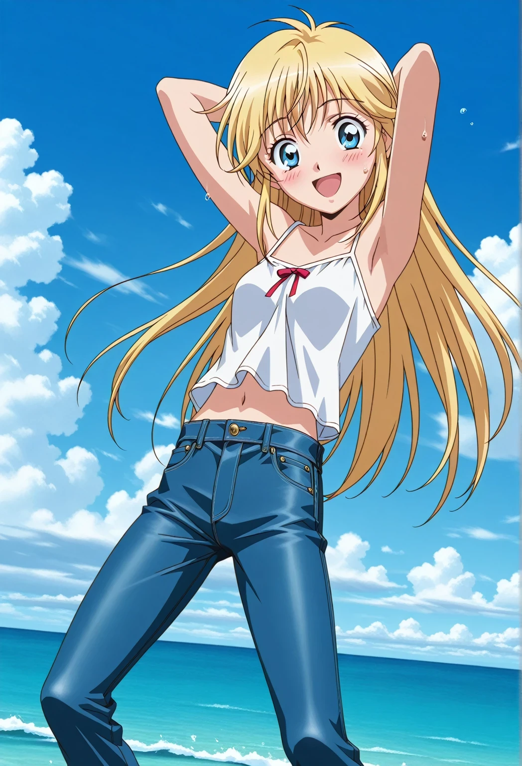 score_9, score_8_up, score_7_up, source_anime, highres, hi res, ((best quality, top quality, perfect quality, Highest Quality, amazing quality)), {{masterpiece}}, {{an extremely delicate and beautiful}}, 2d, intricate details, official style, anime, 8k, anime style, official_anime, official art, digital painting, cell shading, soft shading, high resolution, soothing tones, Subdued Color, Soft cinematic light, adobe lightroom, photolab, HDR, intricately and hyper-detailed, ((high quality animation)), 1 girl, Alone, solo, ((ocean)), tsunami, on the water, day, sunny, outdoors, sky, windy, Cleao Everlasting, blue eyes, blonde hair, long hair, anime screencap, small breasts, white camisole top, crop top, white crop top, best quality, hyper-detailed jeans, ((blue jeans:1.9)), (dark blue jeans:0.6), full medium body, medium shot, Open mouth, smiling, happy face, blush, sweat, standing, ((arms behind head:6.0)), bowlegged, jumping pose, action, looking at viewer, spread legs, Bend knees slightly, straight-on front view