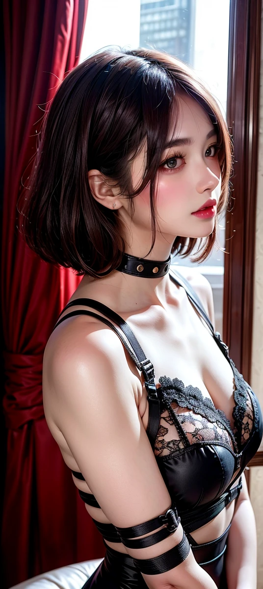 8k, Masterpiece, Top Quality, Close-up, downward gaze, short dark hair, bob, fair skin, subtle makeup, slender, black corset, black underwear, red rope, collar, bondage, fetish, window, outdoor view, soft lighting, diffused, somber expression.