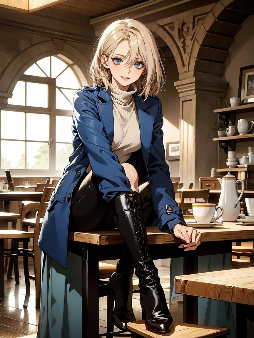 Arafe sat on a chair with his legs crossed.、Hands on your knees., look down,Wearing black boots, high boots, Brown:-2, black shiny boots,shiny riding boots, rain, Wet boots,wearing boots, huge boots, Black boots, ニーhigh boots, Knee-high boots, Also, she wears boots,boots sole,Show the sole,ニーhigh boots, Sunny, [ realistic pictures ]!!, kano)