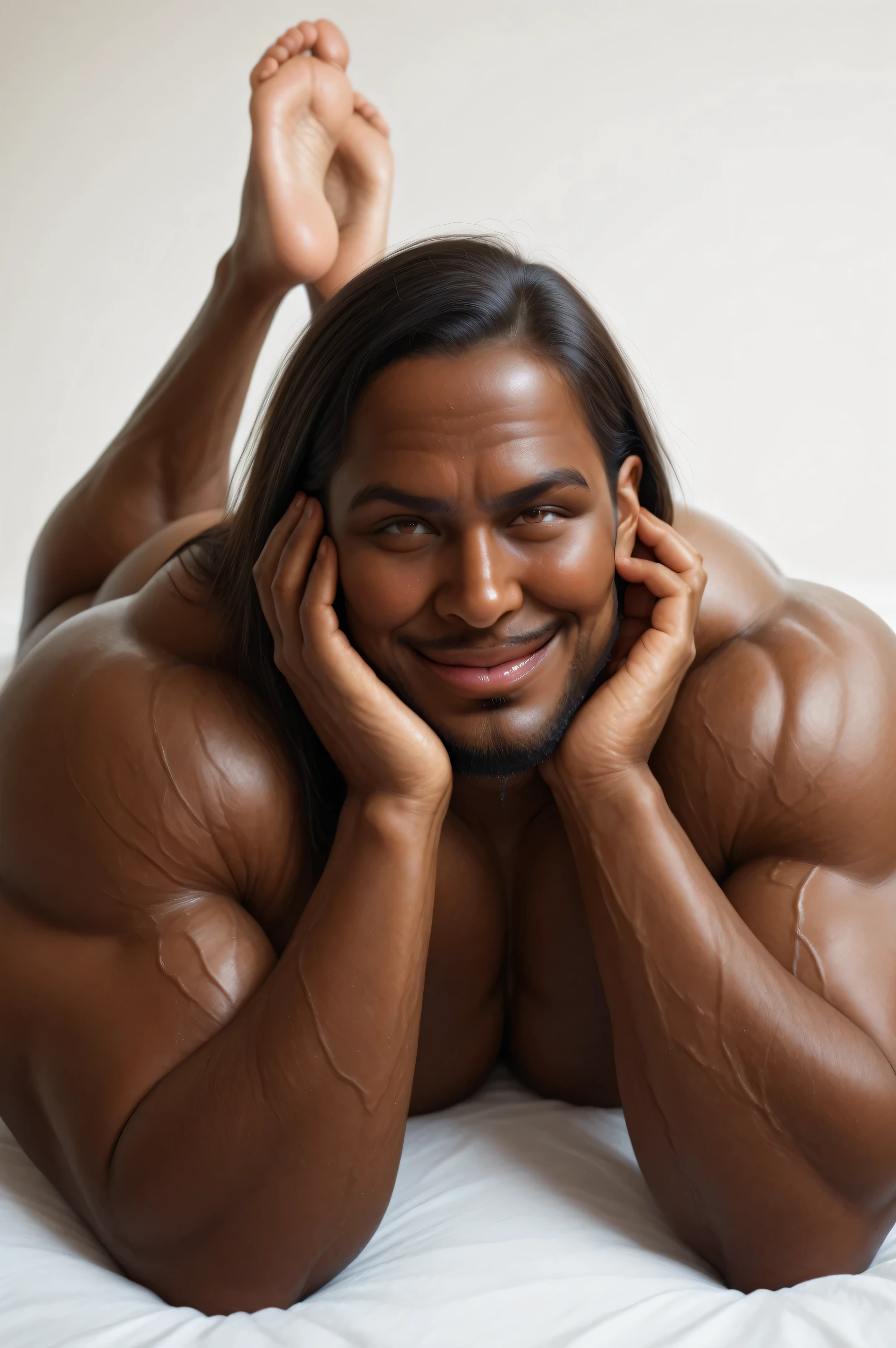 masterpiece, best quality, amazing quality, high quality, photorealistic, human, 1boy, Indian, beard, dark body, huge muscle, , simple background, solo, lying on stomach, front, hand on his own cheek, focus face, close up face, smirk, full body,