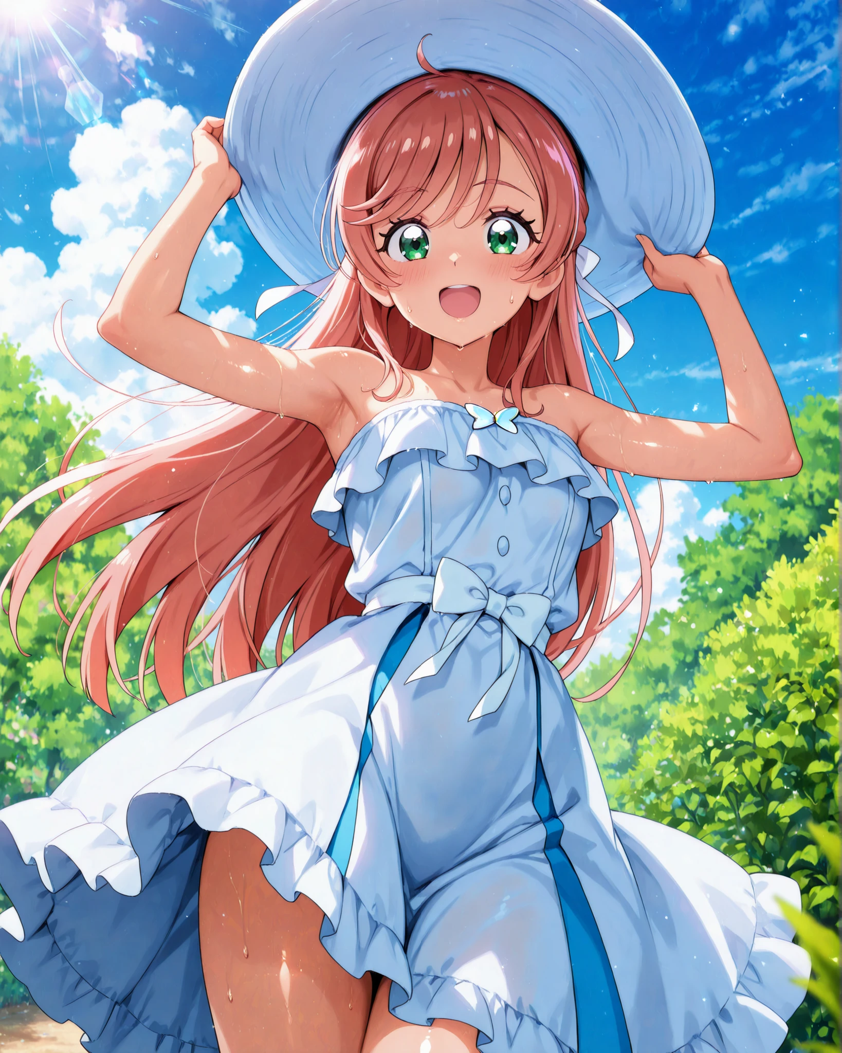 (ultra-detailed),Nijigaoka Mashiro, magical girl,Hirogaru Sky Pretty Cure,precure,pink hair, very long hair, bangs, green eyes,
incredibly detailed beautiful pupillary,eyebrows visible through hair,
bun hair, high ponytail, very long hair, hair ribbon, white ribbon, hair bow, bangs, Very long fringe,half updo,bangs flop to the side,hair between eyes,
(masterpiece),(best quality),high score,highres,incredibly absurdres,anime screencap,anime,shiny skin,,Balanced upper and lower body structure,
(masterpiece),(best quality),high score,highres,incredibly absurdres,anime,shiny skin,
Nijigaoka Mashiro, magical girl,Hirogaru Sky Pretty Cure,precure,
1girl, solo,
looking at viewer,
blush, smile, sweat,
open mouth,
white dress, summer dress, frilled dress, strapless dress,
shiny skin,
summer hat, white hat,
grabbing hat,
outdoor, sunshine, summer, lens flare, wind,