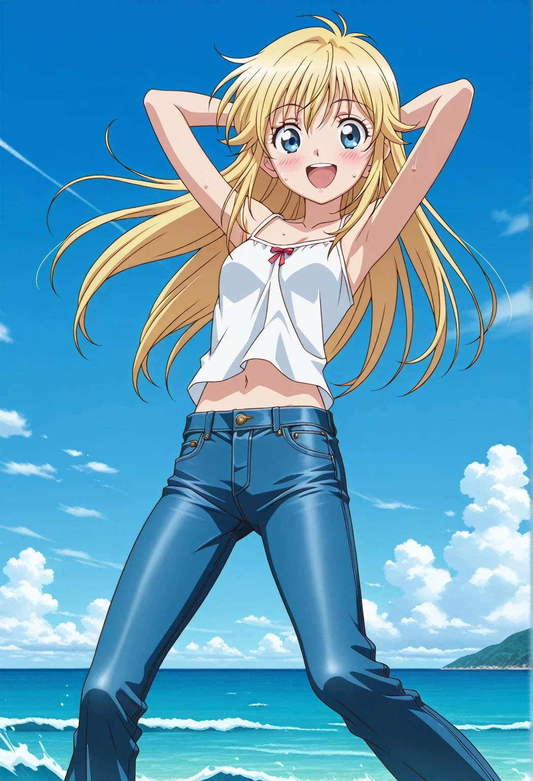 score_9, score_8_up, score_7_up, source_anime, highres, hi res, ((best quality, top quality, perfect quality, Highest Quality, amazing quality)), {{masterpiece}}, {{an extremely delicate and beautiful}}, 2d, intricate details, official style, anime, 8k, anime style, official_anime, official art, digital painting, cell shading, soft shading, high resolution, soothing tones, Subdued Color, Soft cinematic light, adobe lightroom, photolab, HDR, intricately and hyper-detailed, ((high quality animation)), 1 girl, Alone, solo, ((ocean)), tsunami, on the water, day, sunny, outdoors, sky, windy, Cleao Everlasting, blue eyes, blonde hair, long hair, anime screencap, small breasts, white camisole top, crop top, white crop top, best quality, hyper-detailed jeans, ((blue jeans:1.9)), (dark blue jeans:0.6), full medium body, medium shot, Open mouth, smiling, happy face, blush, sweat, standing, ((arms behind head:6.0)), bowlegged, jumping pose, action, looking at viewer, spread legs, Bend knees slightly, straight-on front view