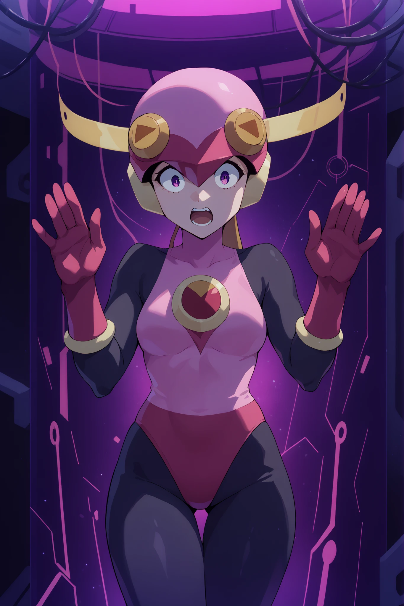 Roll_.exe_megaman. Pink helmet. Surprised expression. SURPRISE. Purple effect on helmet. Glossy. Black bodysuit. Pink leotard. Red pants.  Pink long gloves. Slender body. Big waist. Detailed thighs. Up hands. Asymmetric standing pose. Asymmetric pose. Mechanical background. Stasis Tank.Dark room. Electronic circuit pattern.