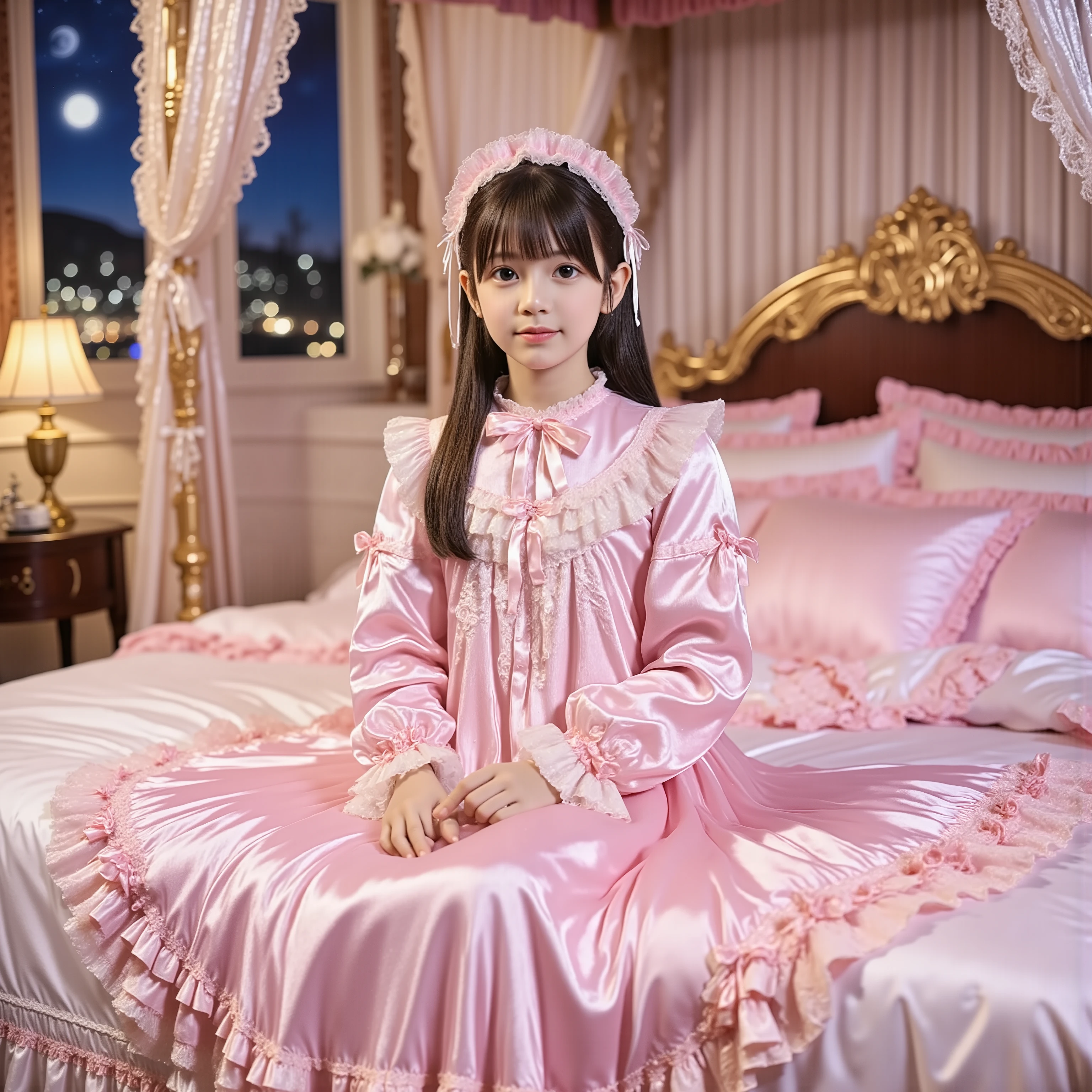 (( Distant Scenery,full body:1.0)),Highest Quality, masterpiece, highest resolution, Artwork, super それにget used to it, many get used to it, get used to it, それにget used to it, 3k photos,,Three Daughters of a Noble Family, ((10 year old Japanese girl)),Get used to the ultra-fine young face,,nice smile,baby-like face,short,,(((straight long hair))),,(((Pastel Silk Satin Nightgown with Lots of Ruffles and Ribbons,1920s Style Victorian Nightgown:1.2))),((ruffle mob cap with ribbon)),((Detailed Yoke Collar with Ruffles and Ribbons,detail ruffle placket:1.0)),((long sleeve,puff sleeve with ribbon,ruffle sleeve)),((Ruffle Long Skirt to the Ankle:1.0)),((full bodyが映っている)),(The goddess),(bed that is secured to),Night view and moon across the window,Before going to bed , white ruffle socks,luxury canopy bed behind,super detailed background,