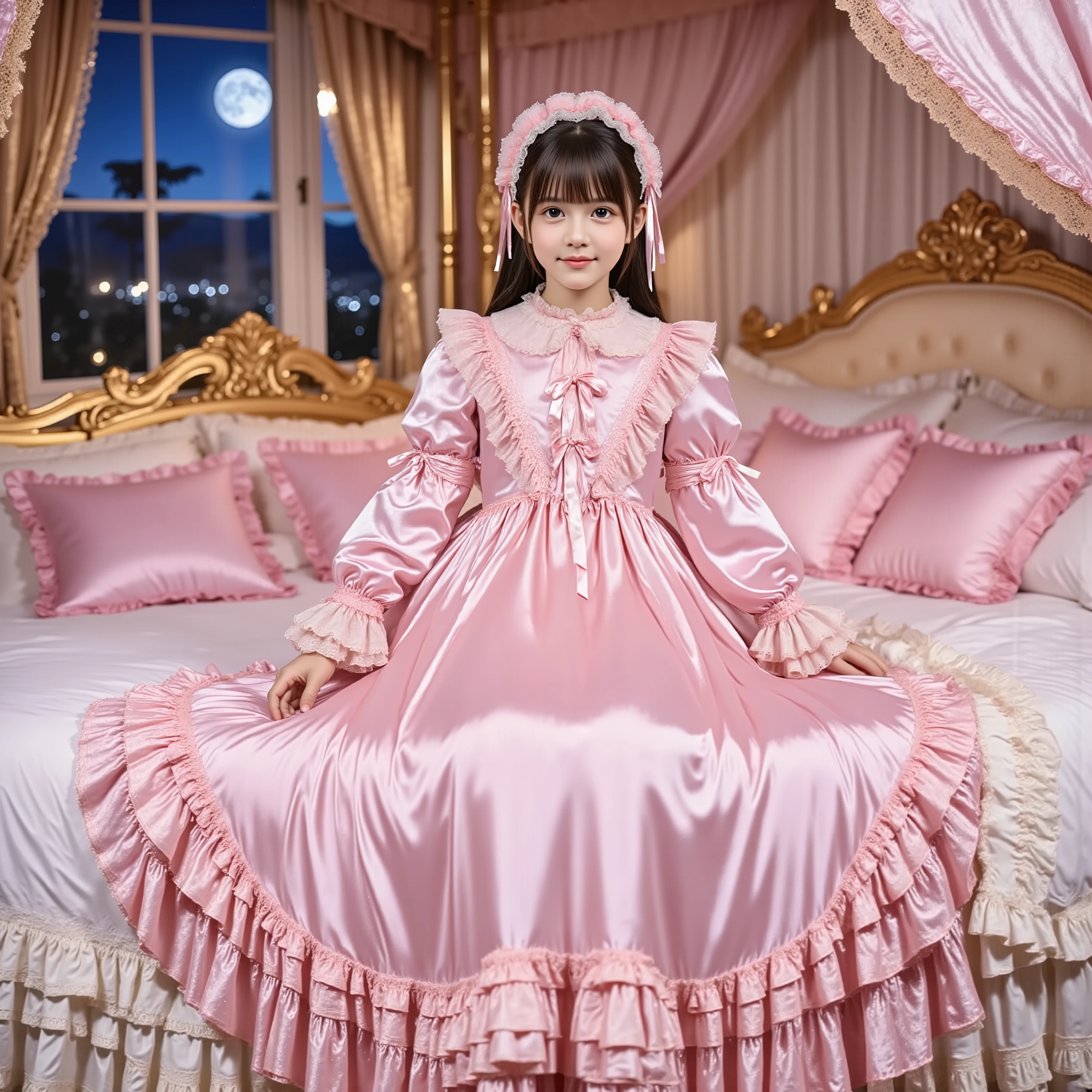 (( Distant Scenery,full body:1.0)),Highest Quality, masterpiece, highest resolution, Artwork, super それにget used to it, many get used to it, get used to it, それにget used to it, 3k photos,,Three Daughters of a Noble Family, ((10 year old Japanese girl)),Get used to the ultra-fine young face,,nice smile,baby-like face,short,,(((straight long hair))),,(((Pastel Silk Satin Nightgown with Lots of Ruffles and Ribbons,1920s Style Victorian Nightgown:1.2))),((ruffle mob cap with ribbon)),((Detailed Yoke Collar with Ruffles and Ribbons,detail ruffle placket:1.0)),((long sleeve,puff sleeve with ribbon,ruffle sleeve)),((Ruffle Long Skirt to the Ankle:1.0)),((full bodyが映っている)),(The goddess),(bed that is secured to),Night view and moon across the window,Before going to bed , white ruffle socks,luxury canopy bed behind,super detailed background,