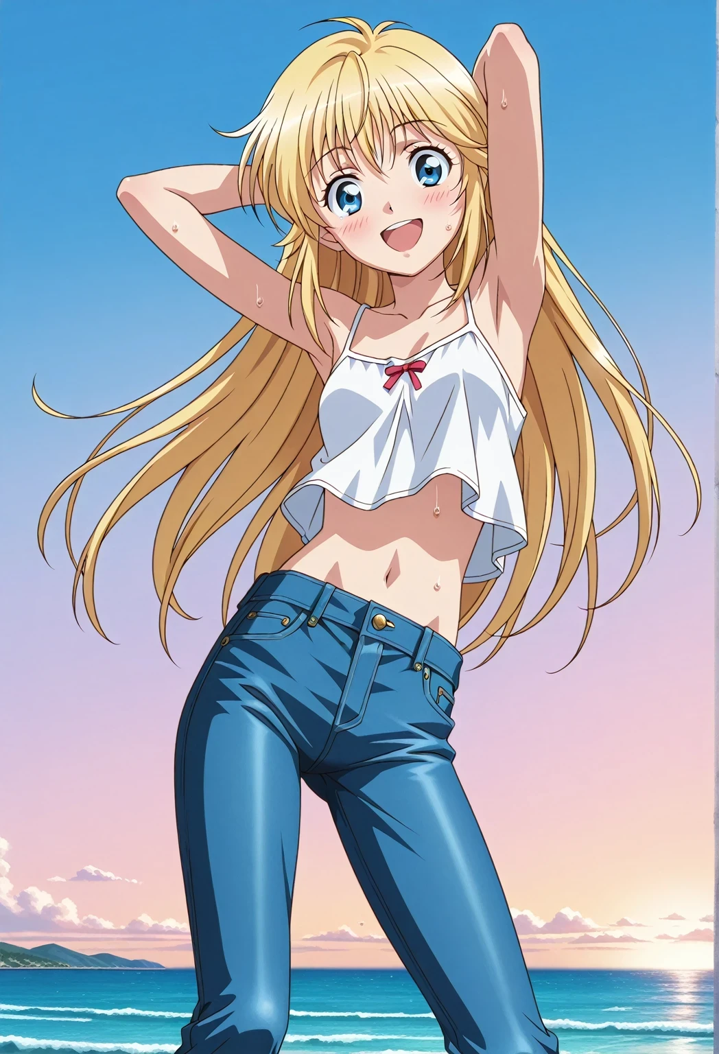 score_9, score_8_up, score_7_up, source_anime, highres, hi res, ((best quality, top quality, perfect quality, Highest Quality, amazing quality)), {{masterpiece}}, {{an extremely delicate and beautiful}}, 2d, intricate details, official style, anime, 8k, anime style, official_anime, official art, digital painting, cell shading, soft shading, high resolution, soothing tones, Subdued Color, Soft cinematic light, adobe lightroom, photolab, HDR, intricately and hyper-detailed, ((high quality animation)), 1 girl, Alone, solo, ((ocean)), tsunami, on the water, day, sunny, outdoors, sky, windy, Cleao Everlasting, blue eyes, blonde hair, long hair, anime screencap, small breasts, white camisole top, crop top, white crop top, best quality, hyper-detailed jeans, ((blue jeans:1.9)), (dark blue jeans:0.6), full medium body, medium shot, Open mouth, smiling, happy face, blush, sweat, standing, ((arms behind head:6.0)), bowlegged, jumping pose, action, looking at viewer, spread legs, Bend knees slightly, straight-on front view