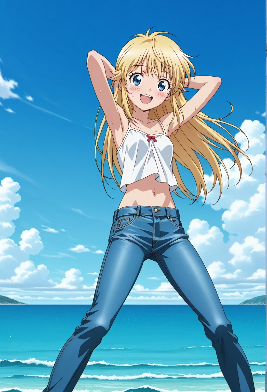 score_9, score_8_up, score_7_up, source_anime, highres, hi res, ((best quality, top quality, perfect quality, Highest Quality, amazing quality)), {{masterpiece}}, {{an extremely delicate and beautiful}}, 2d, intricate details, official style, anime, 8k, anime style, official_anime, official art, digital painting, cell shading, soft shading, high resolution, soothing tones, Subdued Color, Soft cinematic light, adobe lightroom, photolab, HDR, intricately and hyper-detailed, ((high quality animation)), 1 girl, Alone, solo, ((ocean)), tsunami, on the water, day, sunny, outdoors, sky, windy, Cleao Everlasting, blue eyes, blonde hair, long hair, anime screencap, small breasts, white camisole top, crop top, white crop top, best quality, hyper-detailed jeans, ((blue jeans:1.9)), (dark blue jeans:0.6), full medium body, medium shot, Open mouth, smiling, happy face, blush, sweat, standing, ((arms behind head:6.0)), bowlegged, sliding pose, action, looking at viewer, spread legs, Bend knees slightly, straight-on front view