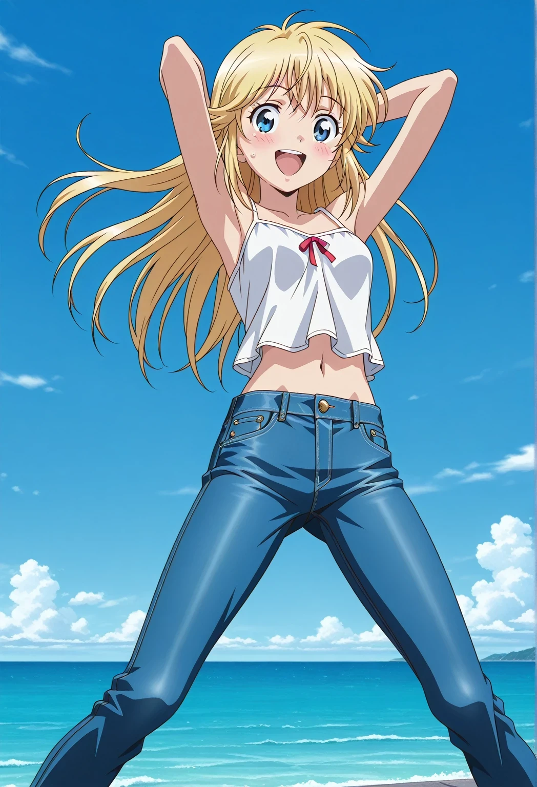 score_9, score_8_up, score_7_up, source_anime, highres, hi res, ((best quality, top quality, perfect quality, Highest Quality, amazing quality)), {{masterpiece}}, {{an extremely delicate and beautiful}}, 2d, intricate details, official style, anime, 8k, anime style, official_anime, official art, digital painting, cell shading, soft shading, high resolution, soothing tones, Subdued Color, Soft cinematic light, adobe lightroom, photolab, HDR, intricately and hyper-detailed, ((high quality animation)), 1 girl, Alone, solo, ((ocean)), tsunami, on the water, day, sunny, outdoors, sky, windy, Cleao Everlasting, blue eyes, blonde hair, long hair, anime screencap, small breasts, white camisole top, crop top, white crop top, best quality, hyper-detailed jeans, ((blue jeans:1.9)), (dark blue jeans:0.6), full medium body, medium shot, Open mouth, smiling, happy face, blush, sweat, standing, ((arms behind head:6.0)), bowlegged, jumping pose, action, looking at viewer, spread legs, Bend knees slightly, straight-on front view